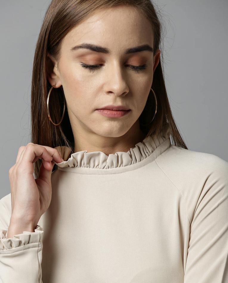 Rareism Women Concert Beige Dress Full Sleeves Solid - Image 2