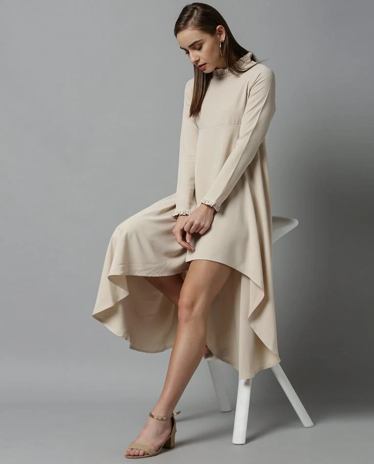 Rareism Women Concert Beige Dress Full Sleeves Solid - Image 4