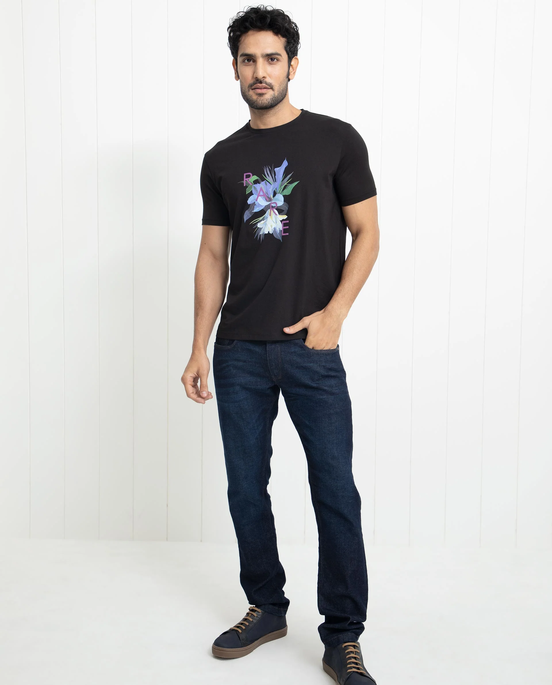 Rare Rabbit Men's Concord Black Cotton Graphic Print Slim Fit Half Sleeve Crew Neck T-Shirt - Image 4