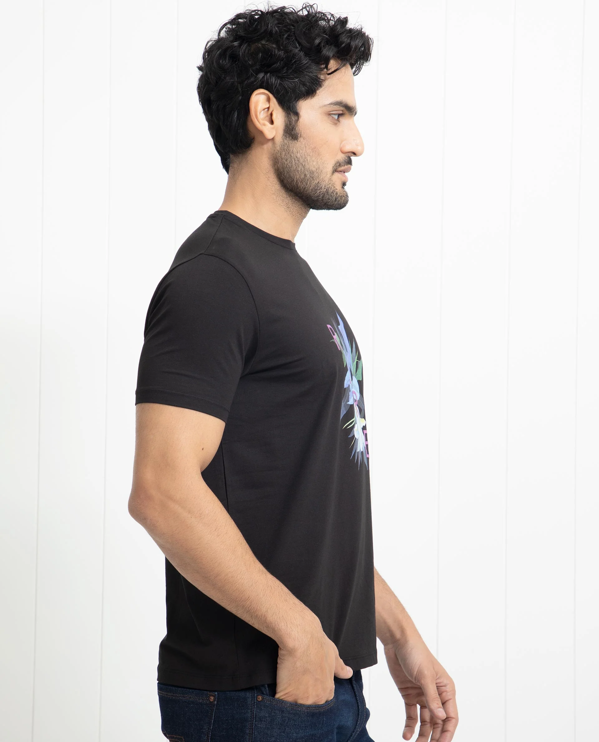 Rare Rabbit Men's Concord Black Cotton Graphic Print Slim Fit Half Sleeve Crew Neck T-Shirt - Image 5