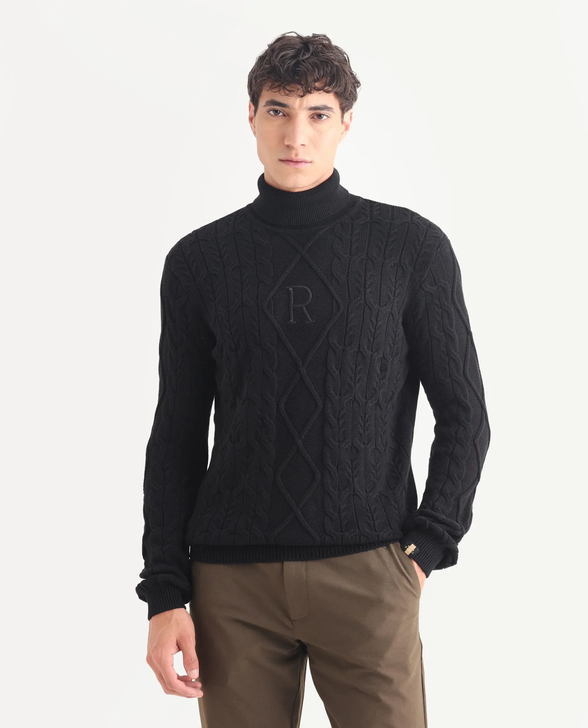 Rare Rabbit Men's Cong-1 Black Cotton Textured Regular Fit Full Sleeve High Neck Sweater - Image 3