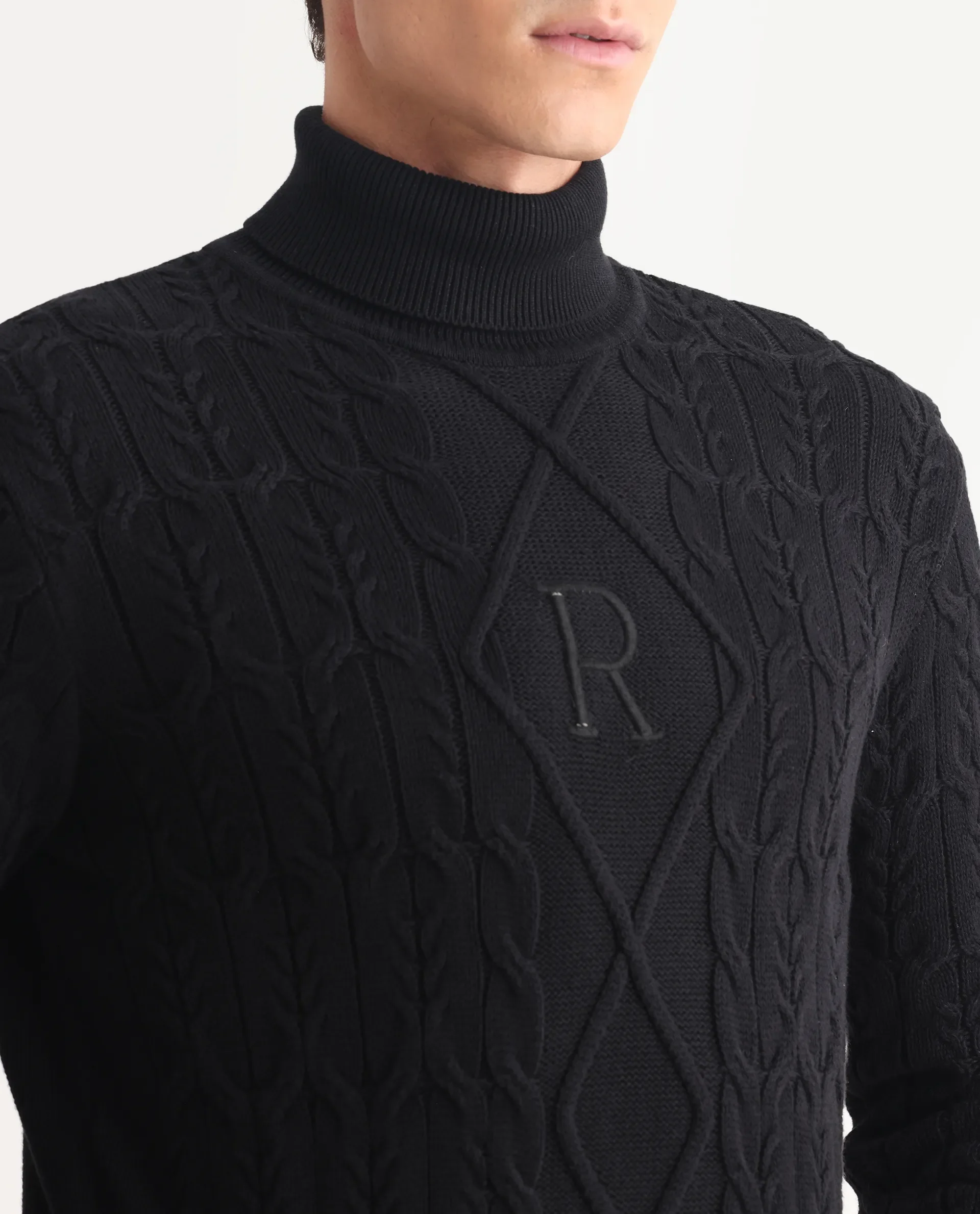 Rare Rabbit Men's Cong-1 Black Cotton Textured Regular Fit Full Sleeve High Neck Sweater - Image 4