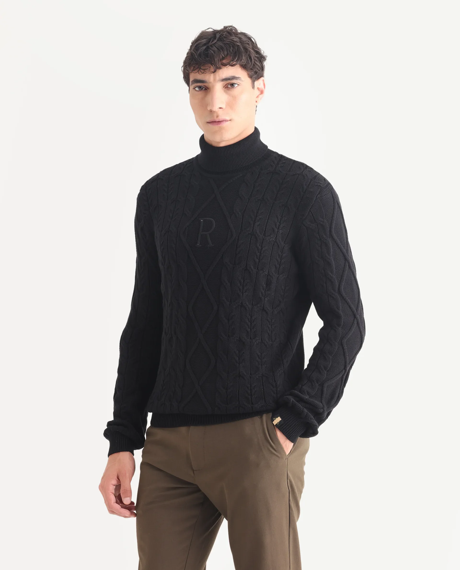 Rare Rabbit Men's Cong-1 Black Cotton Textured Regular Fit Full Sleeve High Neck Sweater - Image 5