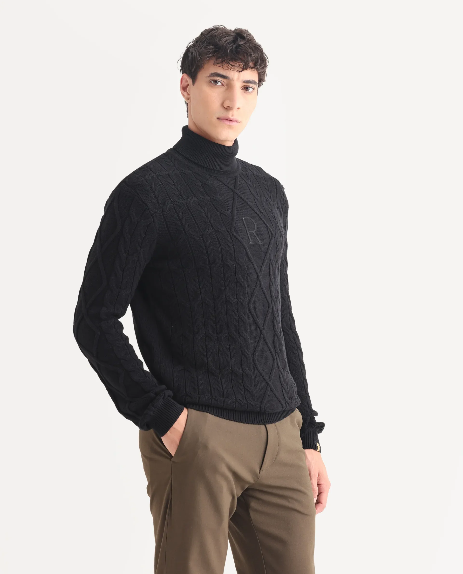 Rare Rabbit Men's Cong-1 Black Cotton Textured Regular Fit Full Sleeve High Neck Sweater - Image 6