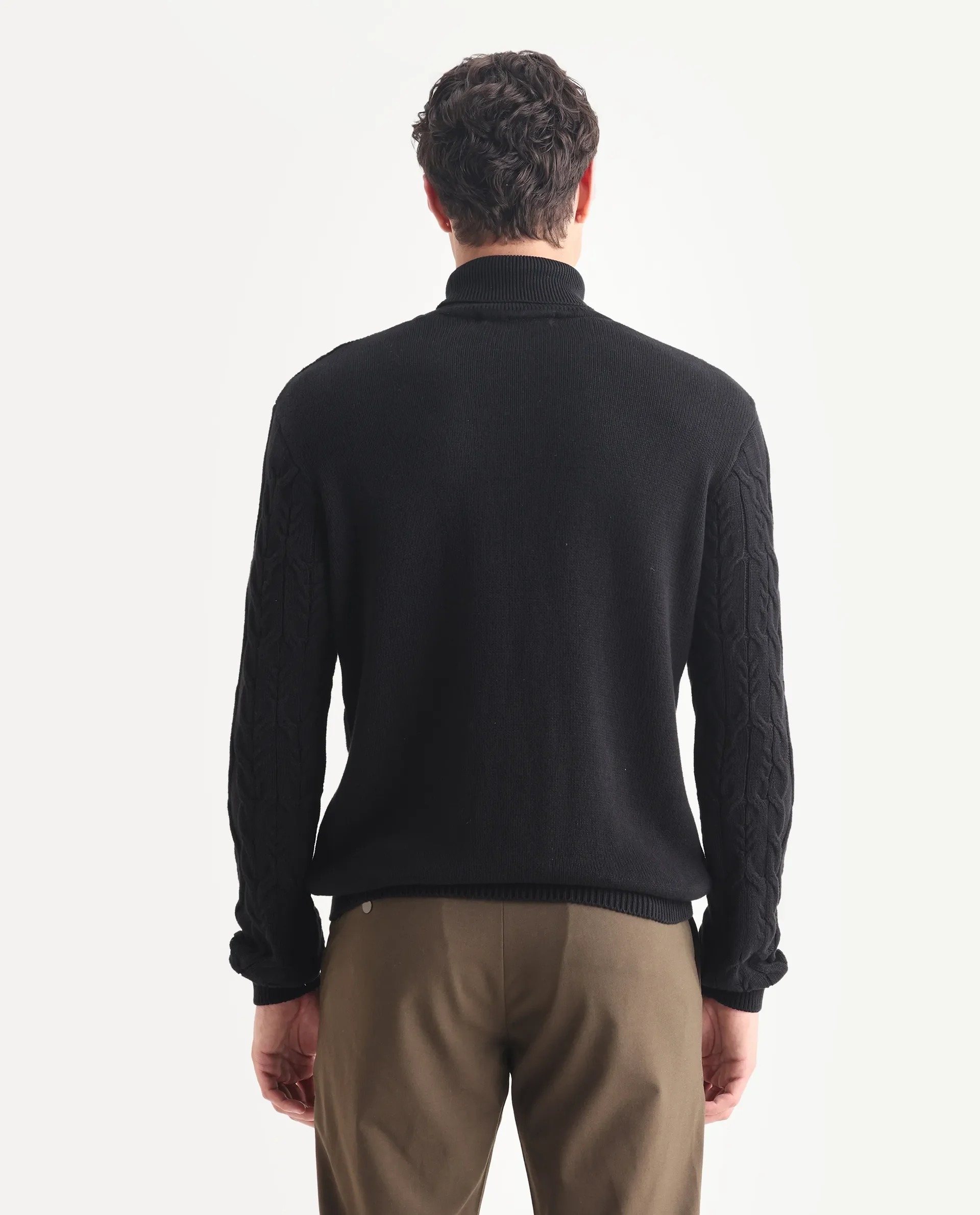 Rare Rabbit Men's Cong-1 Black Cotton Textured Regular Fit Full Sleeve High Neck Sweater - Image 7
