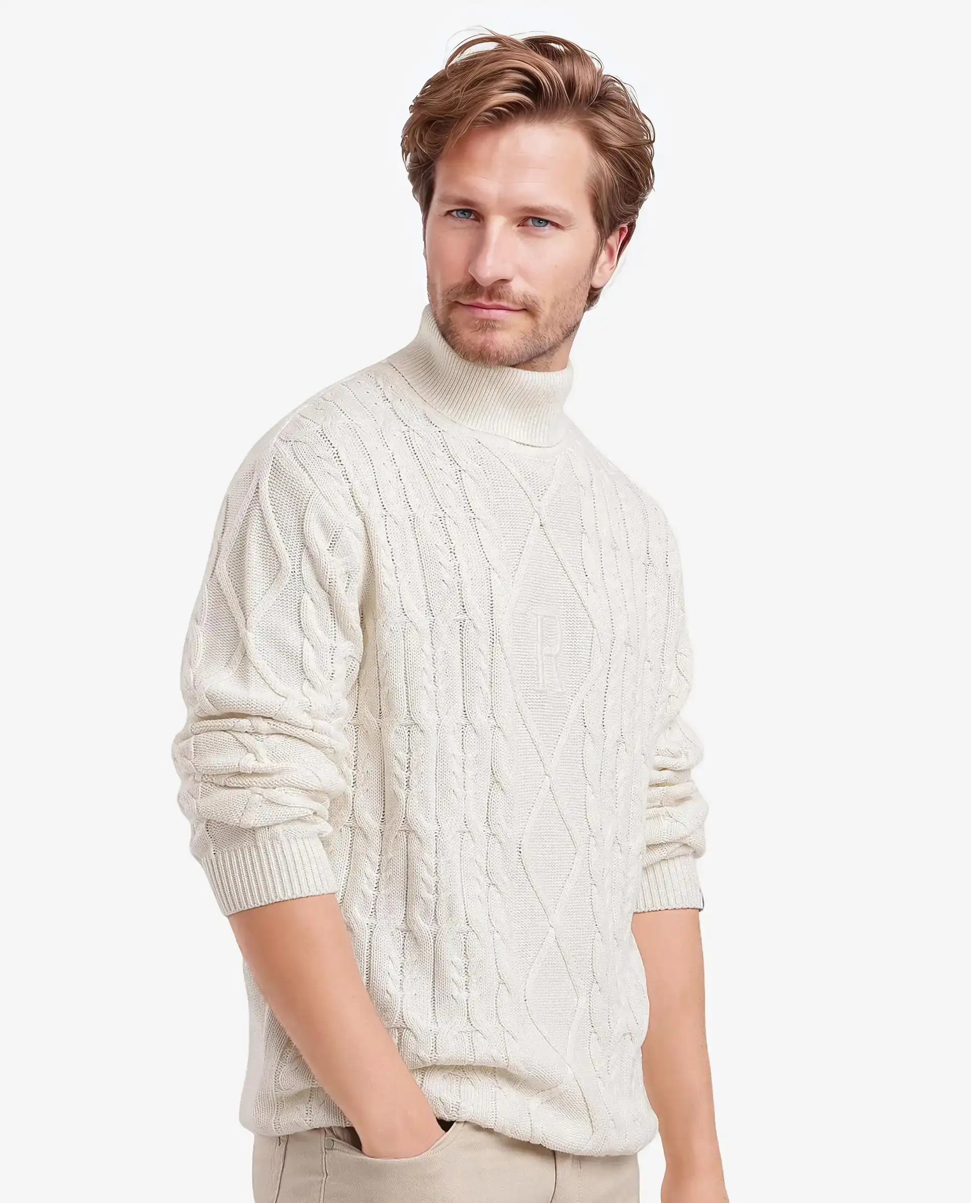 Rare Rabbit Men's Cong-1 White Cotton Textured Regular Fit Full Sleeve High Neck Sweater