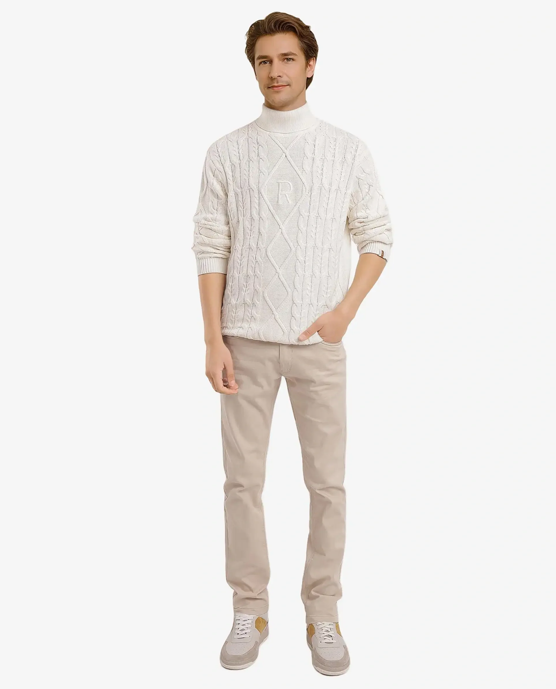 Rare Rabbit Men's Cong-1 White Cotton Textured Regular Fit Full Sleeve High Neck Sweater - Image 2