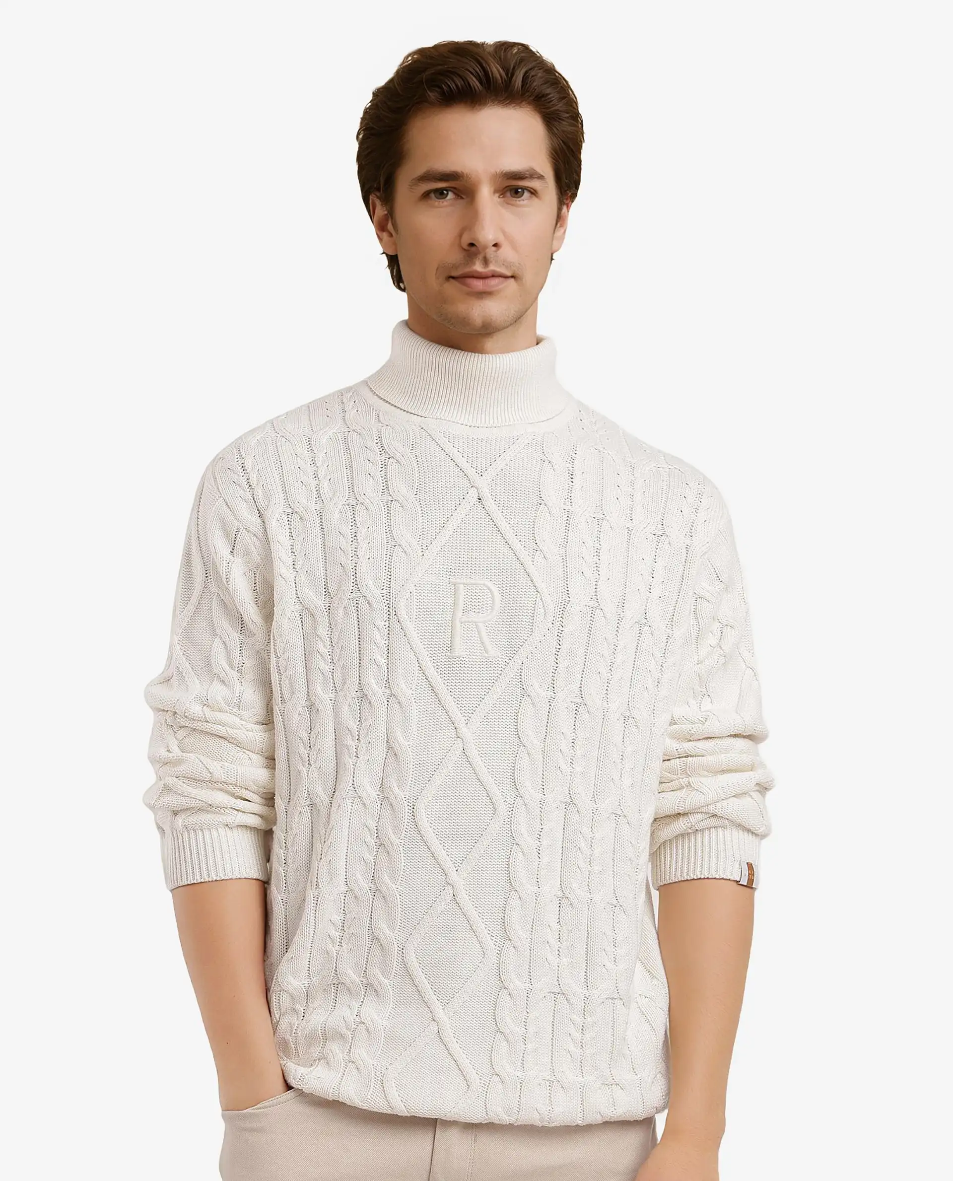 Rare Rabbit Men's Cong-1 White Cotton Textured Regular Fit Full Sleeve High Neck Sweater - Image 5