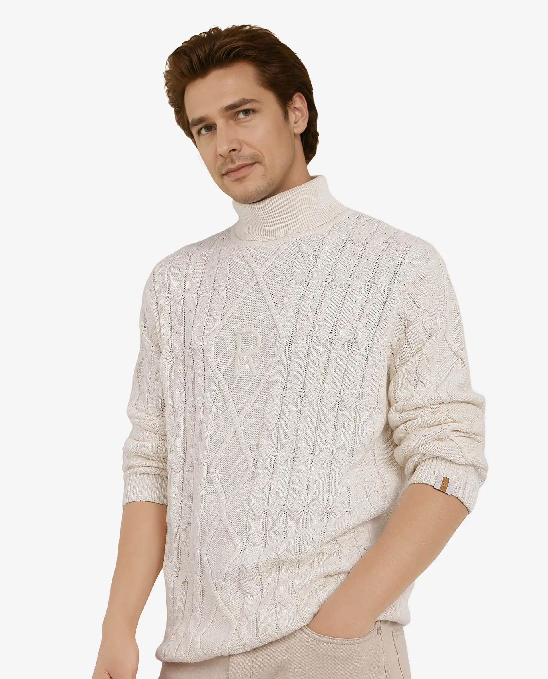 Rare Rabbit Men's Cong-1 White Cotton Textured Regular Fit Full Sleeve High Neck Sweater - Image 6