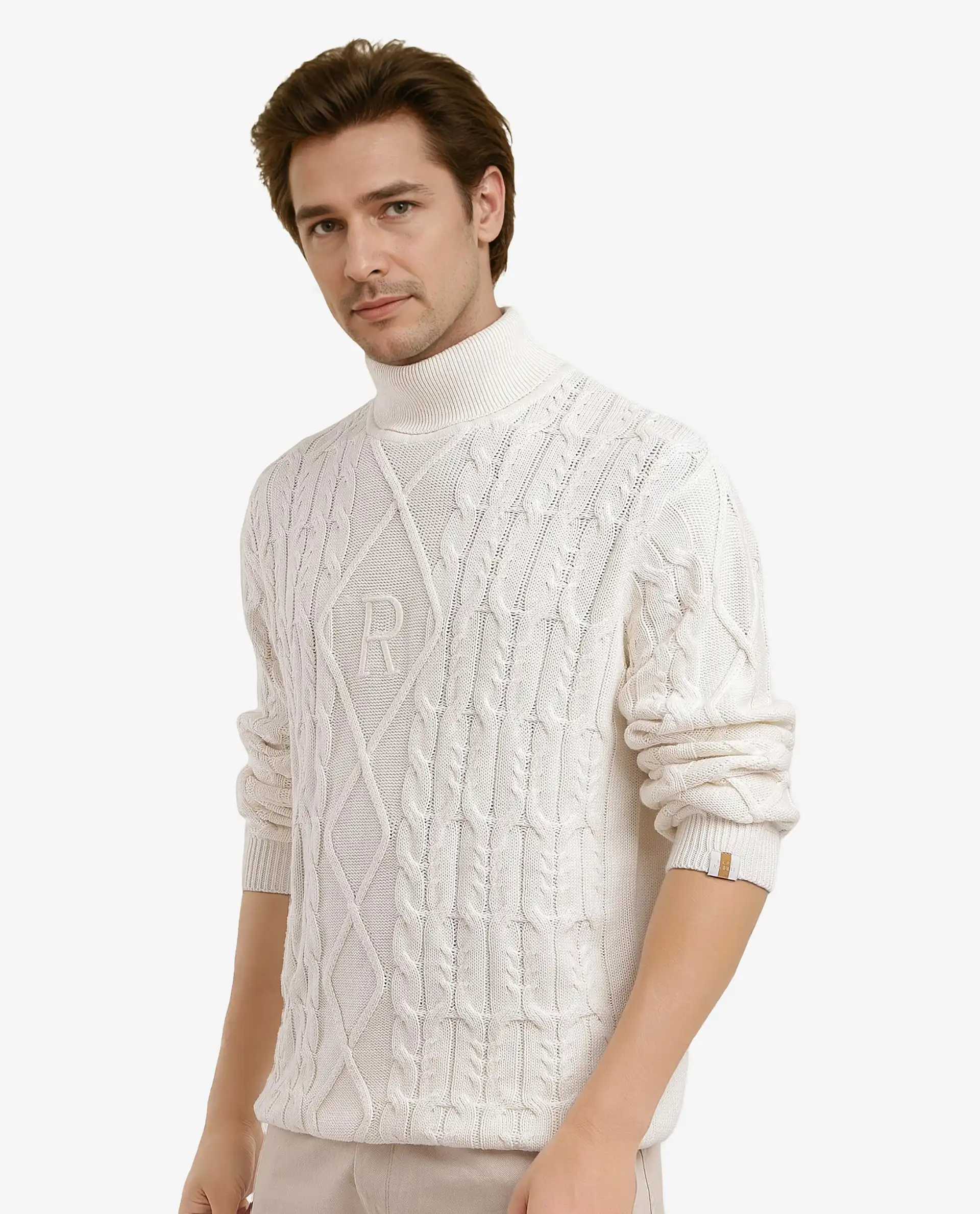 Rare Rabbit Men's Cong-1 White Cotton Textured Regular Fit Full Sleeve High Neck Sweater - Image 7