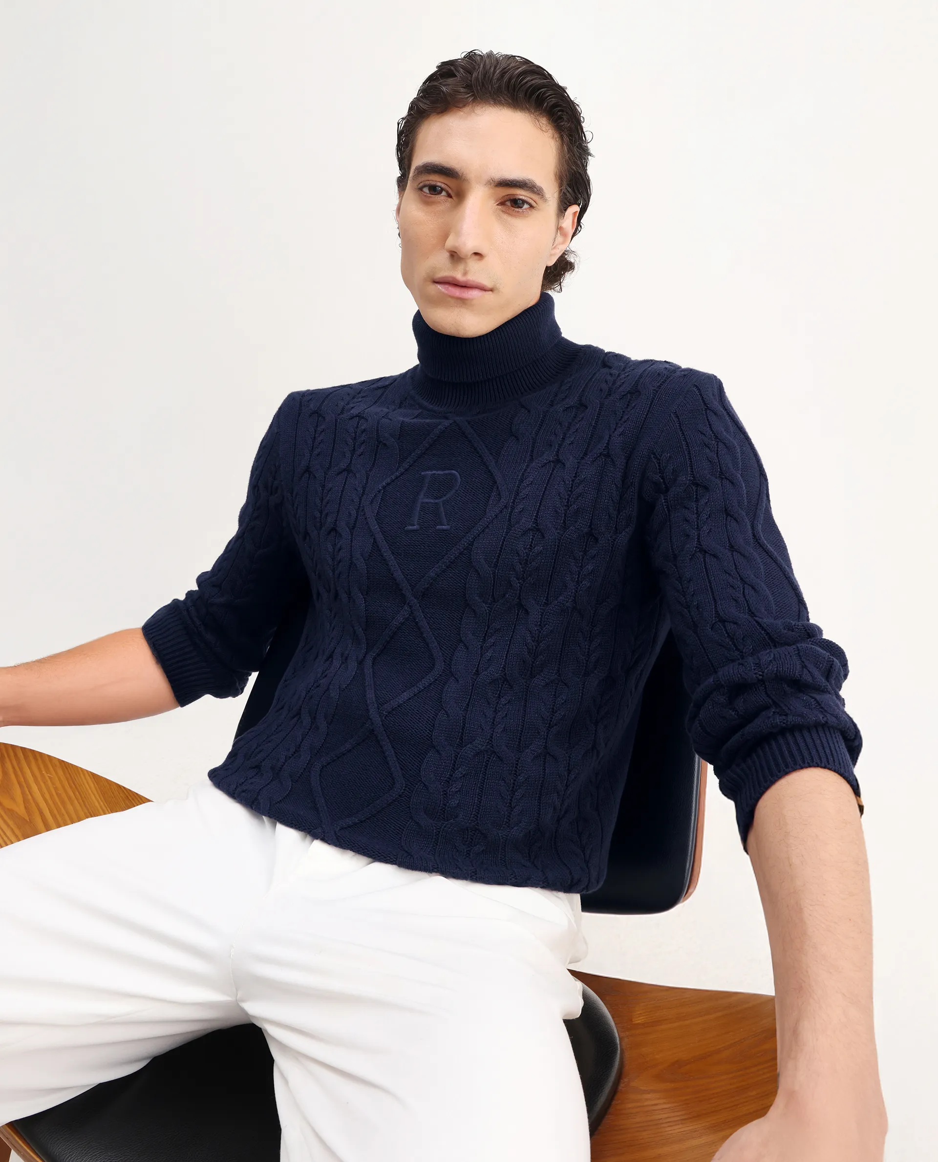 Rare Rabbit Men's Cong Navy Cotton Embroidered Relaxed Fit Full Sleeve High Neck Sweater