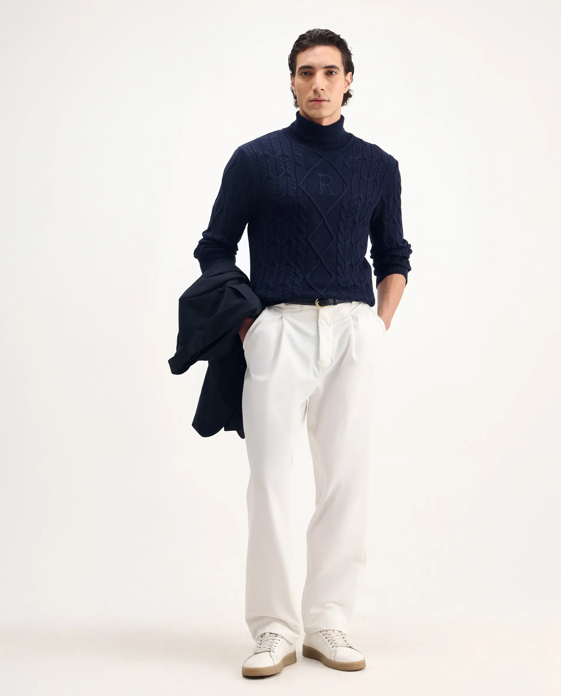 Rare Rabbit Men's Cong Navy Cotton Embroidered Relaxed Fit Full Sleeve High Neck Sweater - Image 2