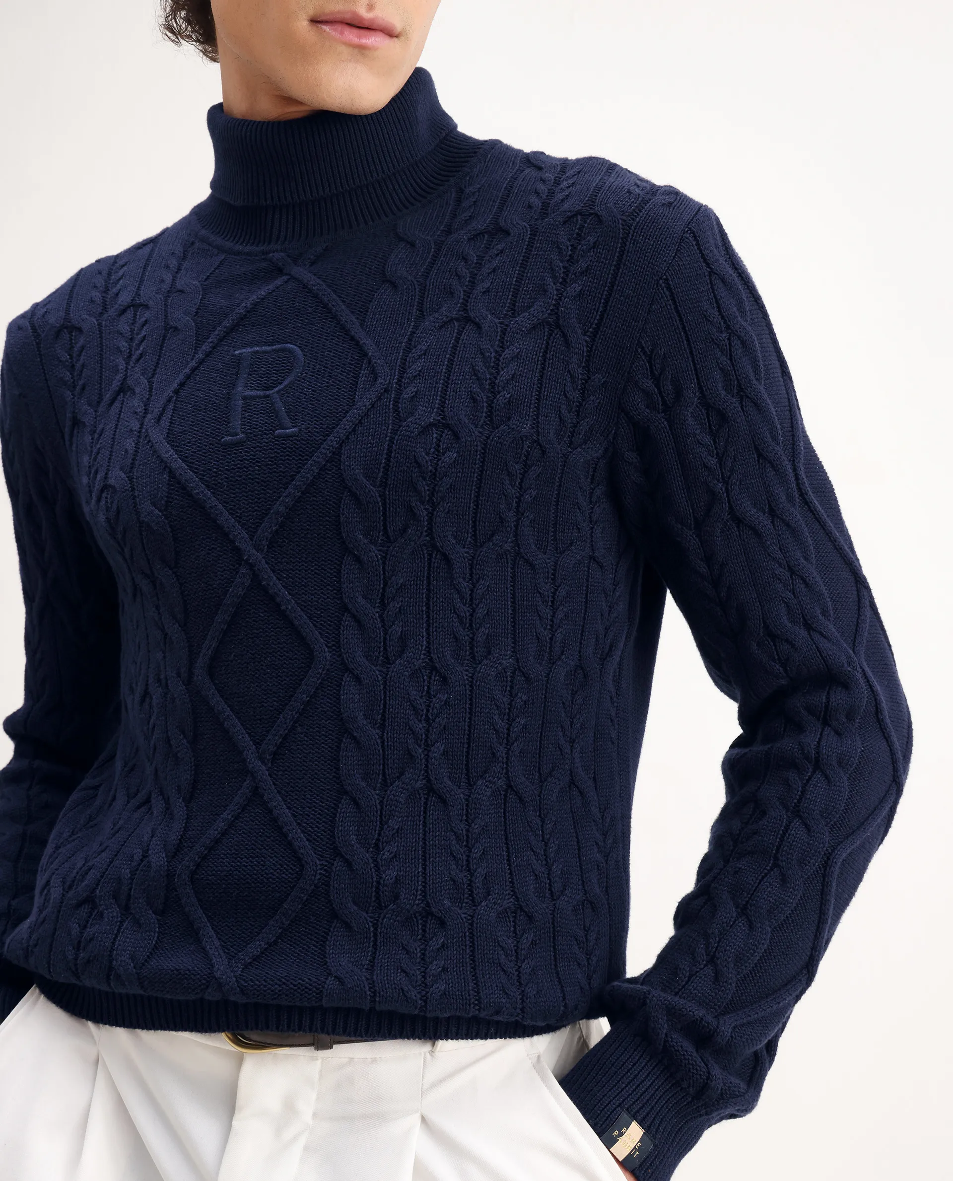 Rare Rabbit Men's Cong Navy Cotton Embroidered Relaxed Fit Full Sleeve High Neck Sweater - Image 3