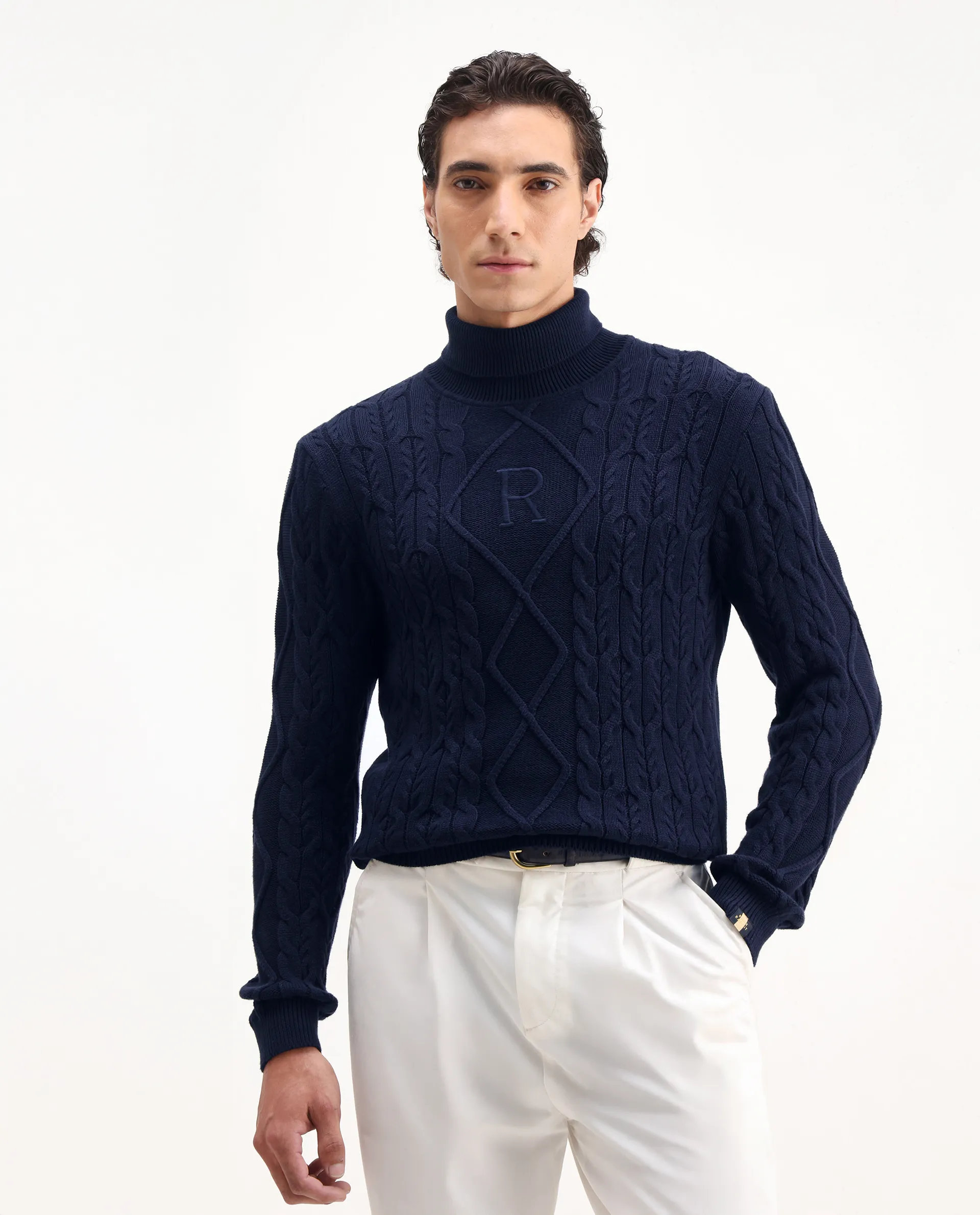 Rare Rabbit Men's Cong Navy Cotton Embroidered Relaxed Fit Full Sleeve High Neck Sweater - Image 4