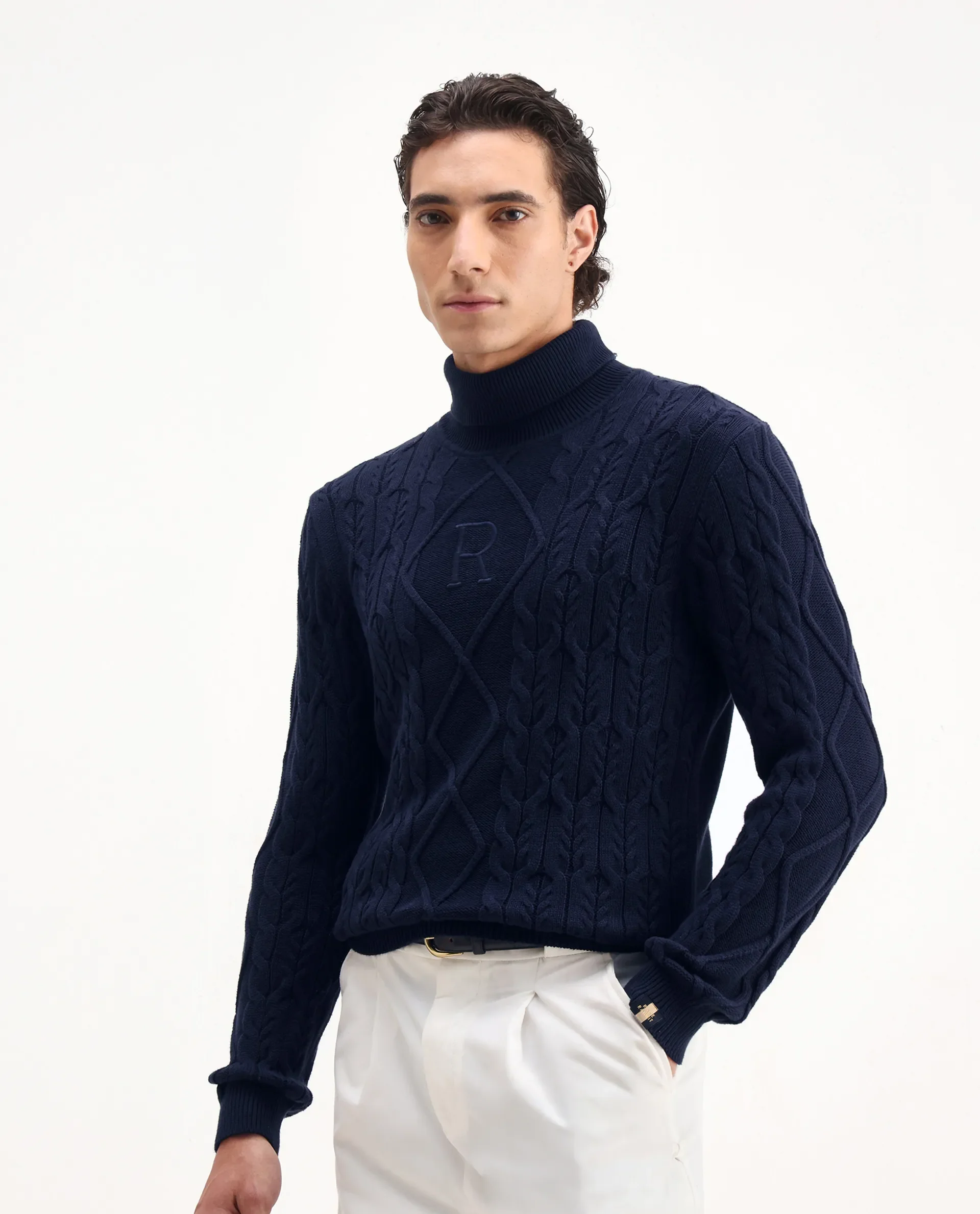 Rare Rabbit Men's Cong Navy Cotton Embroidered Relaxed Fit Full Sleeve High Neck Sweater - Image 5