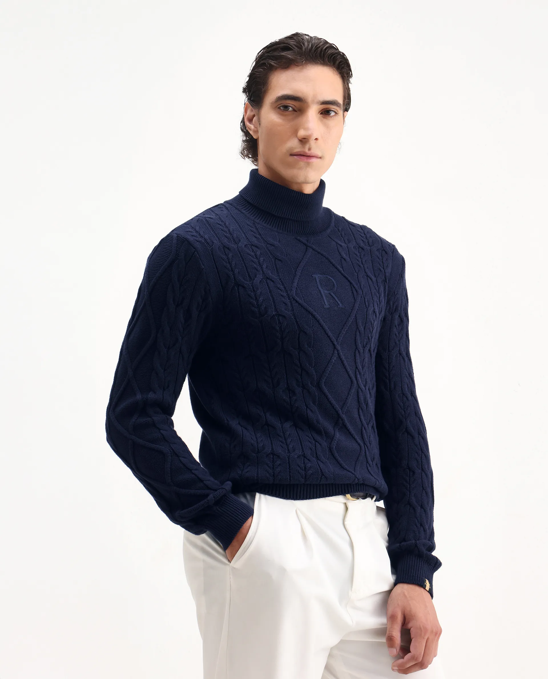 Rare Rabbit Men's Cong Navy Cotton Embroidered Relaxed Fit Full Sleeve High Neck Sweater - Image 6