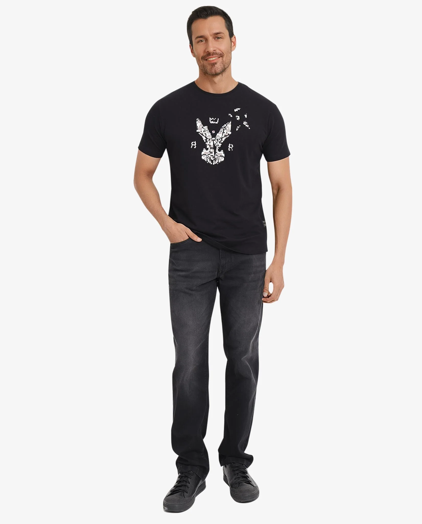 Rare Rabbit Men's Conno Black Cotton Graphic Print Oversized Fit Half Sleeve Crew Neck T-Shirt - Image 2