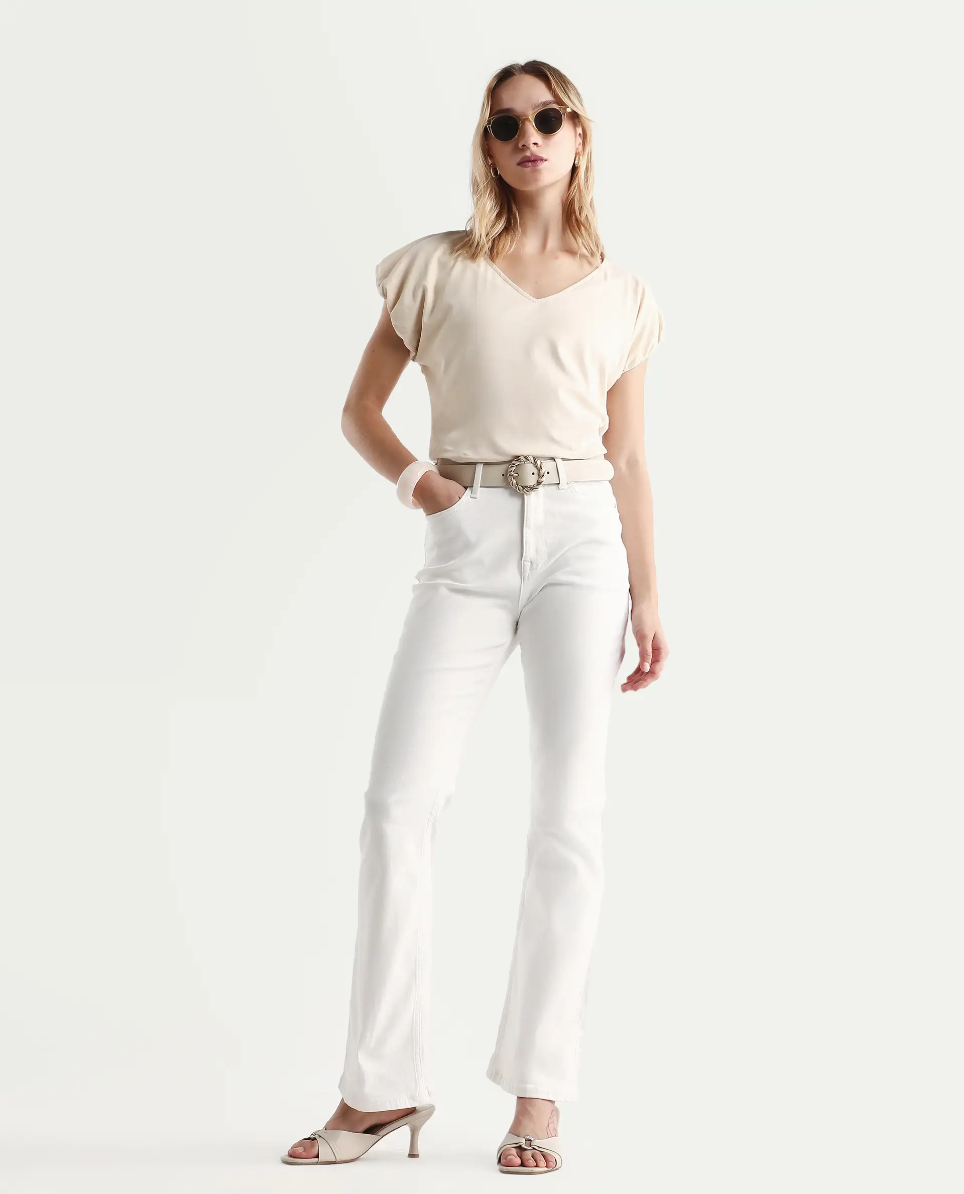 Rareism Women's Conrad Beige Cotton V-Neck Plain Extended Sleeves Regular Fit Top - Image 2
