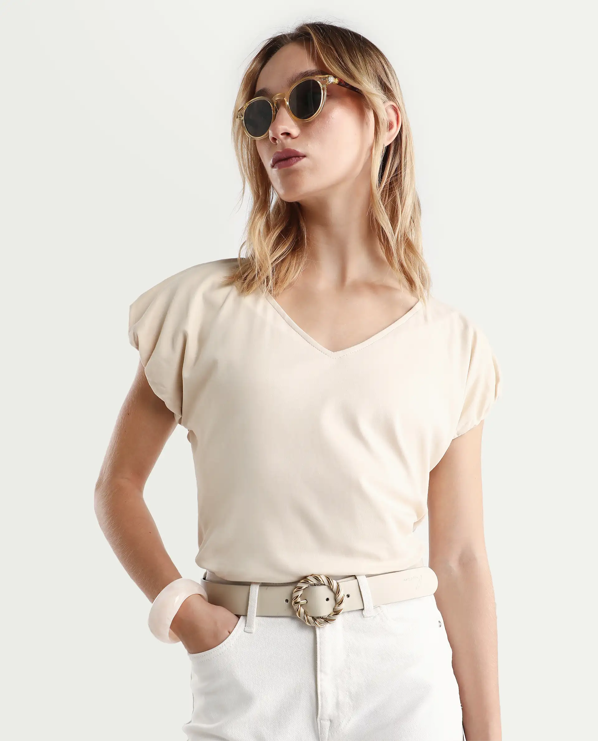 Rareism Women's Conrad Beige Cotton V-Neck Plain Extended Sleeves Regular Fit Top - Image 3