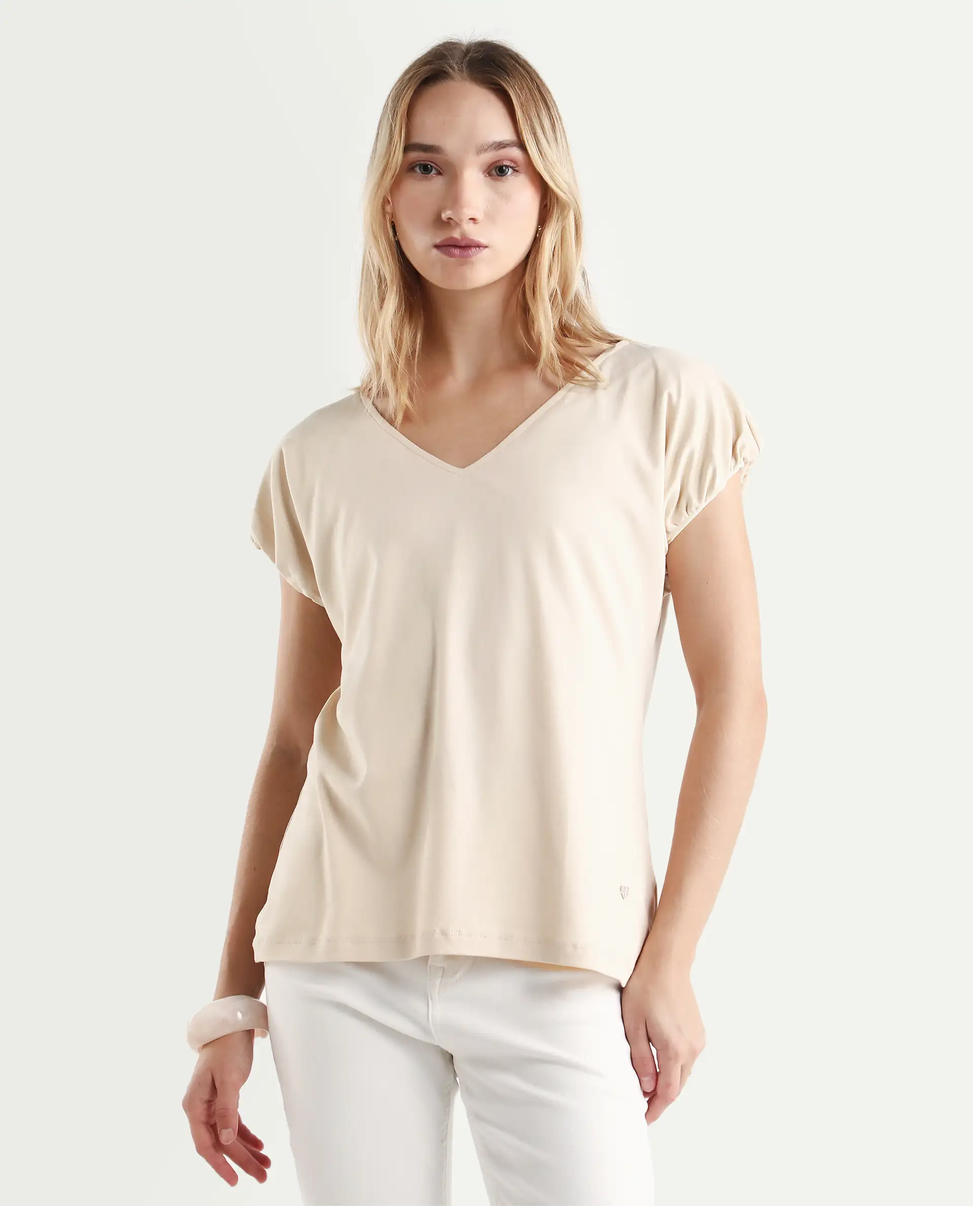 Rareism Women's Conrad Beige Cotton V-Neck Plain Extended Sleeves Regular Fit Top - Image 4