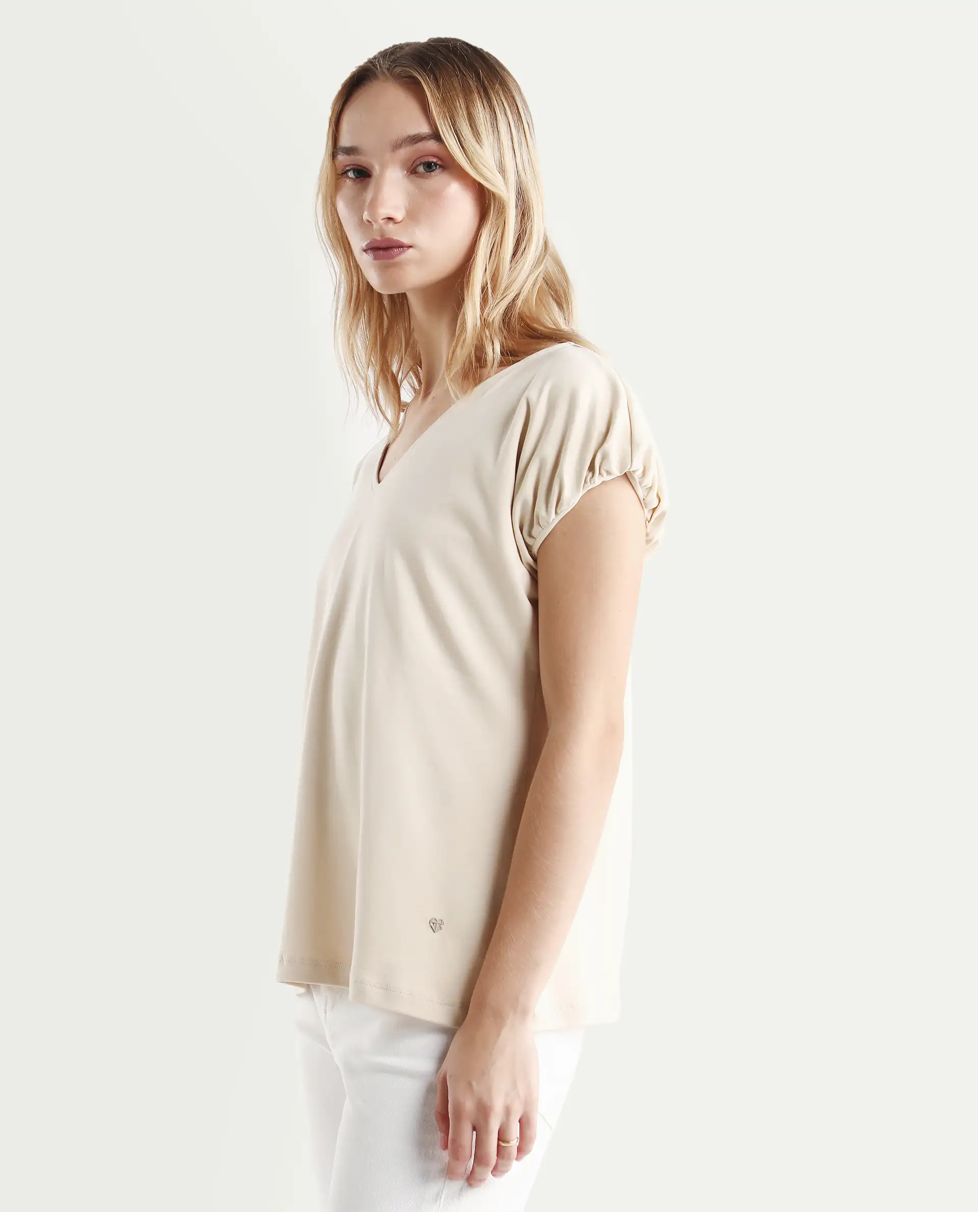 Rareism Women's Conrad Beige Cotton V-Neck Plain Extended Sleeves Regular Fit Top - Image 6