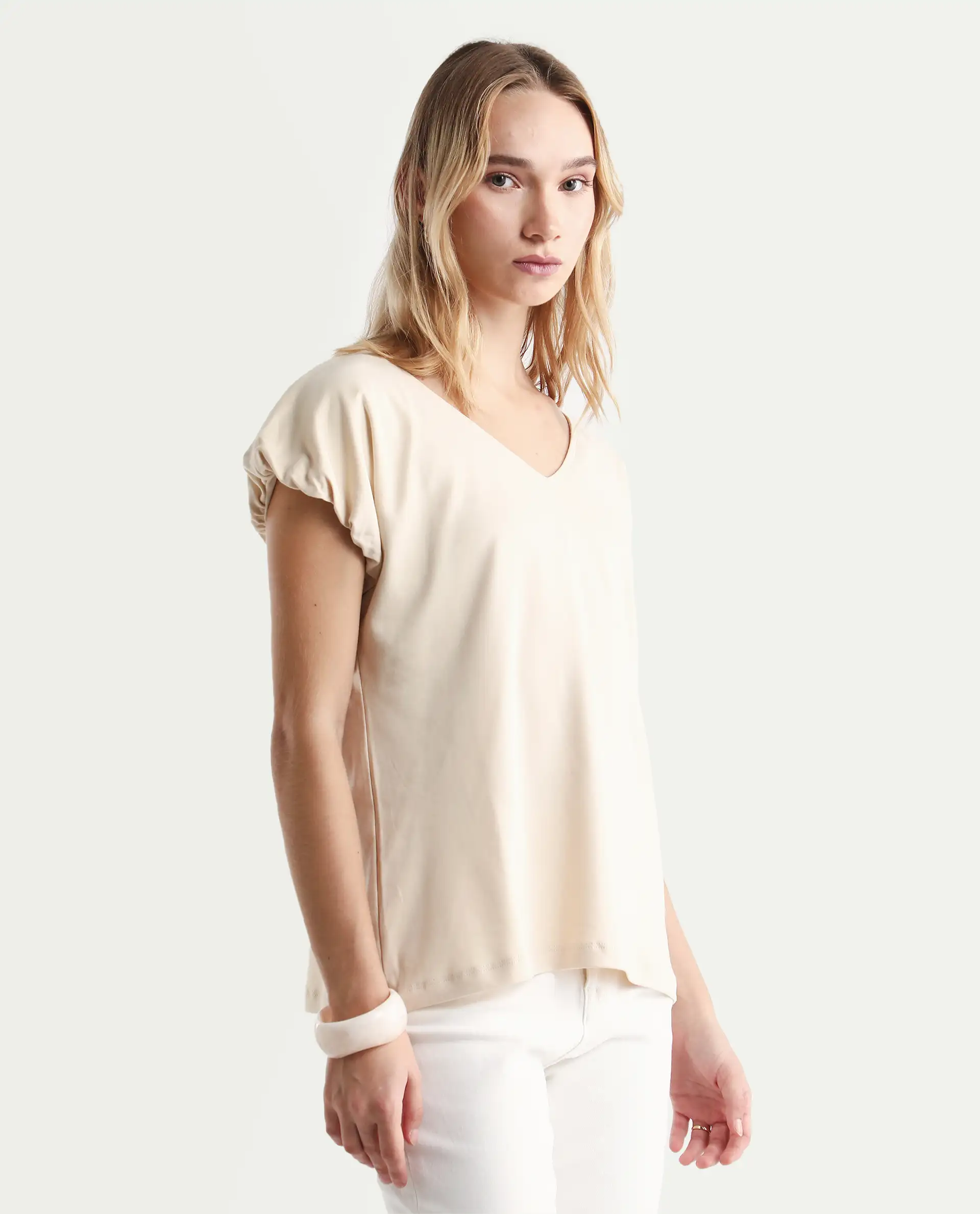 Rareism Women's Conrad Beige Cotton V-Neck Plain Extended Sleeves Regular Fit Top - Image 7