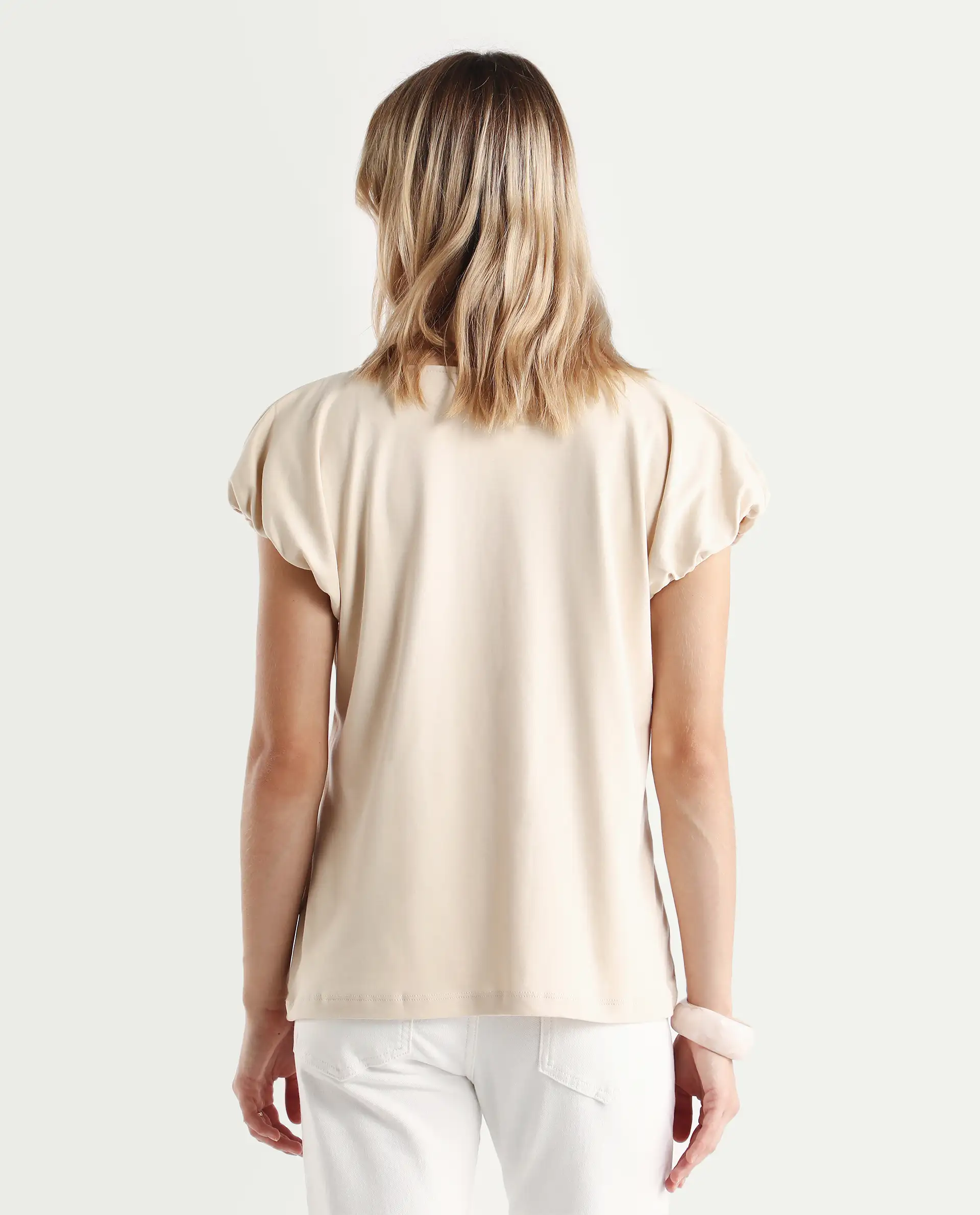 Rareism Women's Conrad Beige Cotton V-Neck Plain Extended Sleeves Regular Fit Top - Image 8