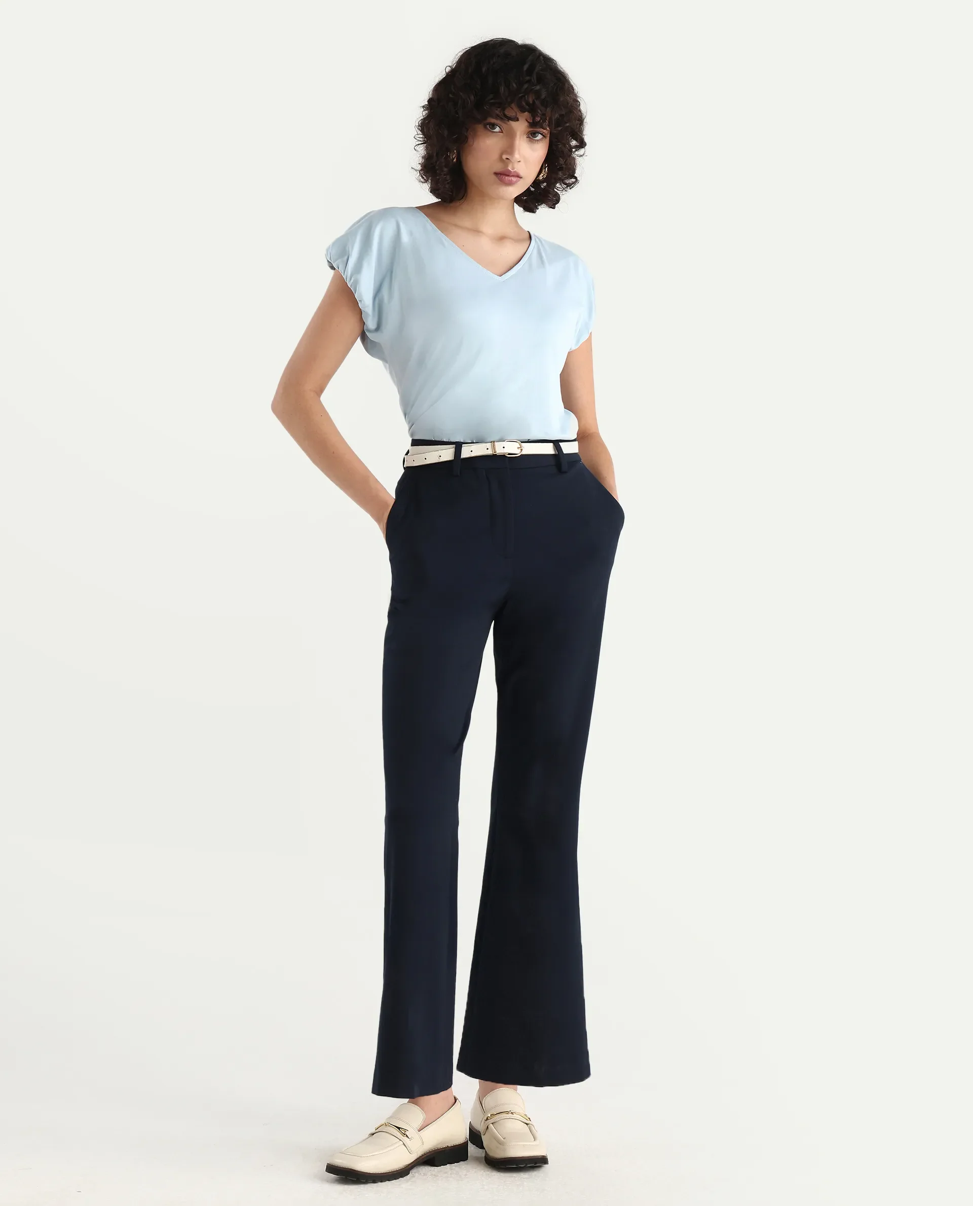 Rareism Women's Conrad Light Blue Cotton V-Neck Plain Extended Sleeves Regular Fit Top - Image 2