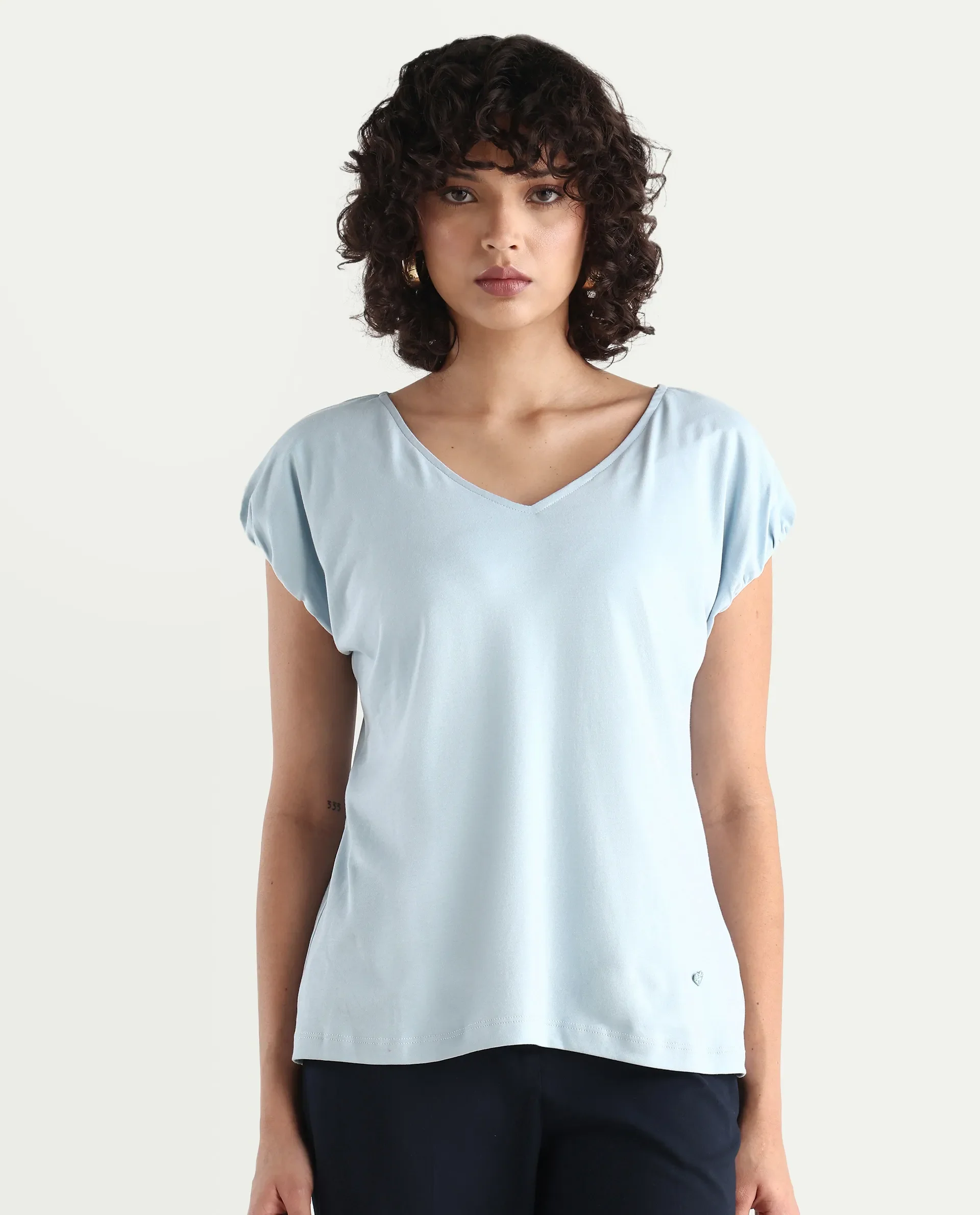 Rareism Women's Conrad Light Blue Cotton V-Neck Plain Extended Sleeves Regular Fit Top - Image 3