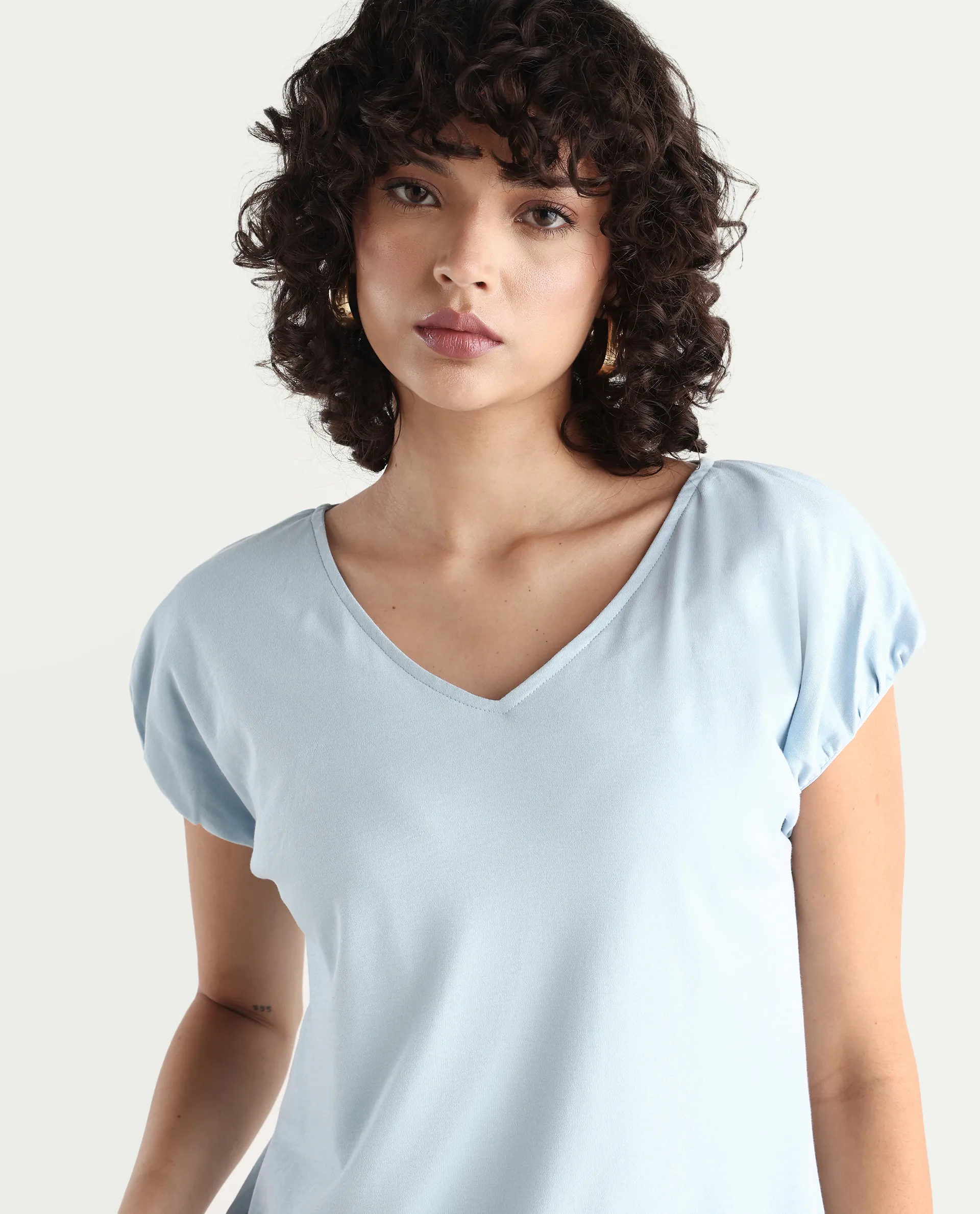 Rareism Women's Conrad Light Blue Cotton V-Neck Plain Extended Sleeves Regular Fit Top - Image 4