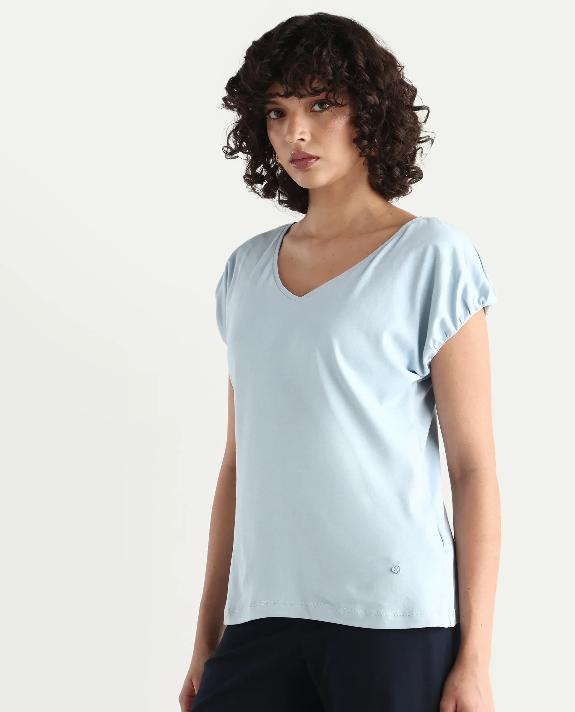 Rareism Women's Conrad Light Blue Cotton V-Neck Plain Extended Sleeves Regular Fit Top - Image 5