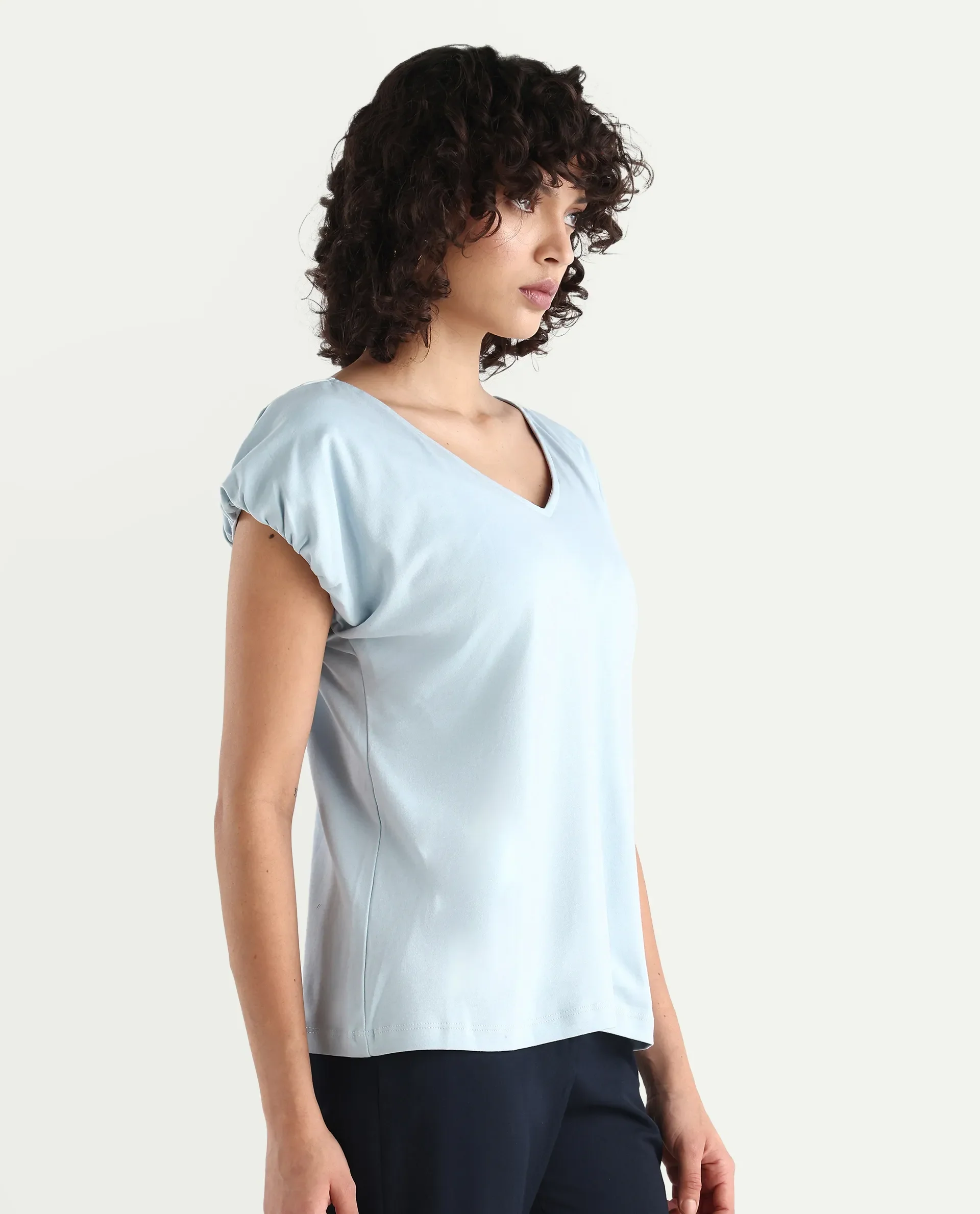 Rareism Women's Conrad Light Blue Cotton V-Neck Plain Extended Sleeves Regular Fit Top - Image 6