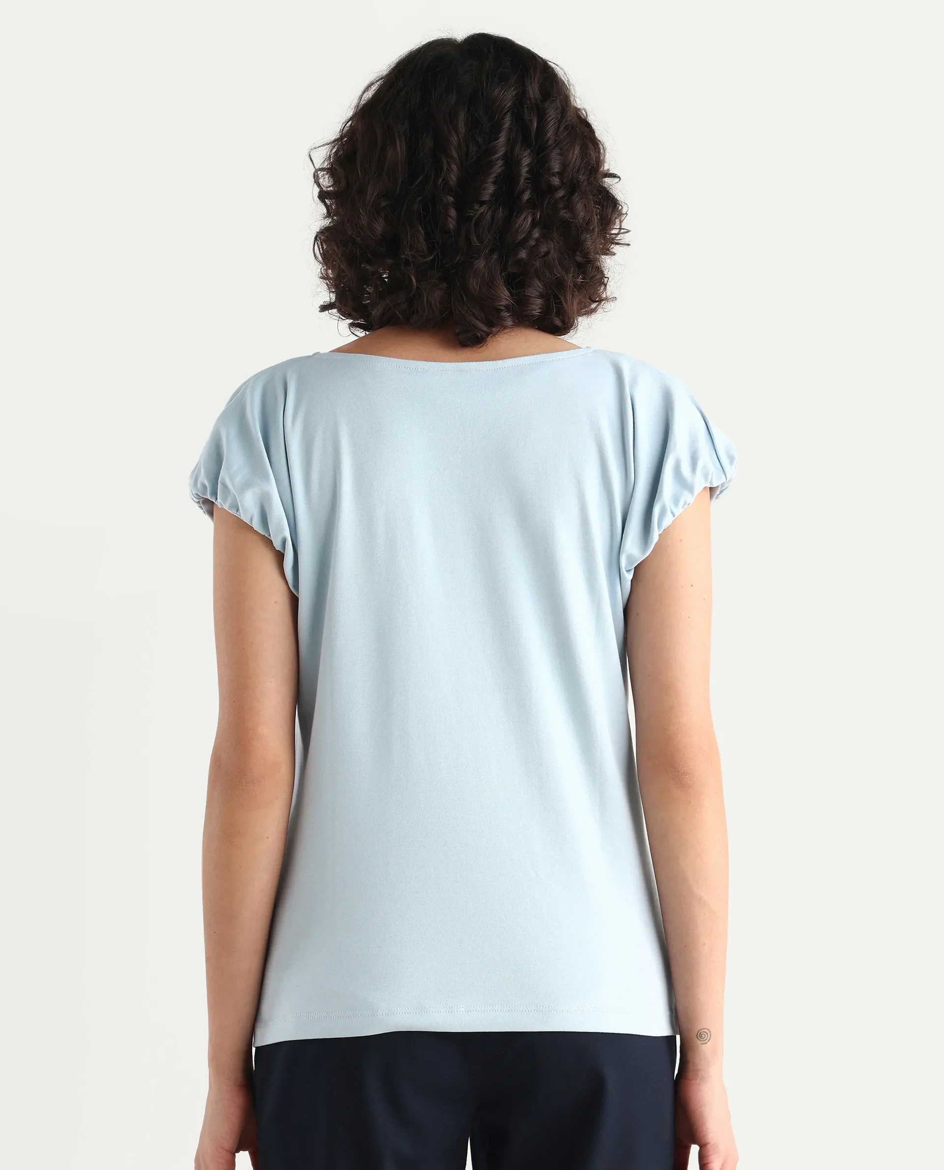 Rareism Women's Conrad Light Blue Cotton V-Neck Plain Extended Sleeves Regular Fit Top - Image 7