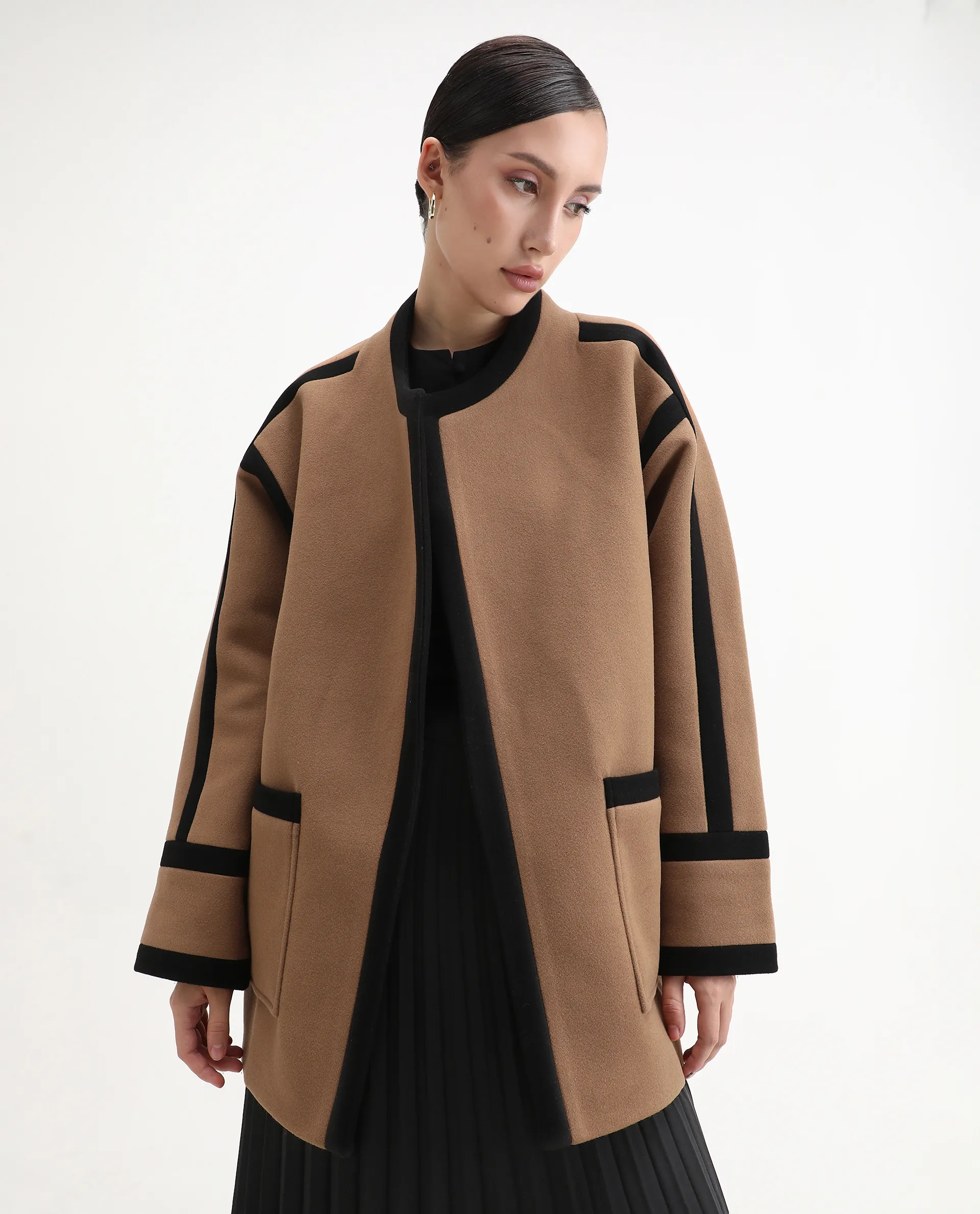 Rareism Women's Contra Tan Polyester Crew Neck Regular Fit Plain Jacket - Image 4
