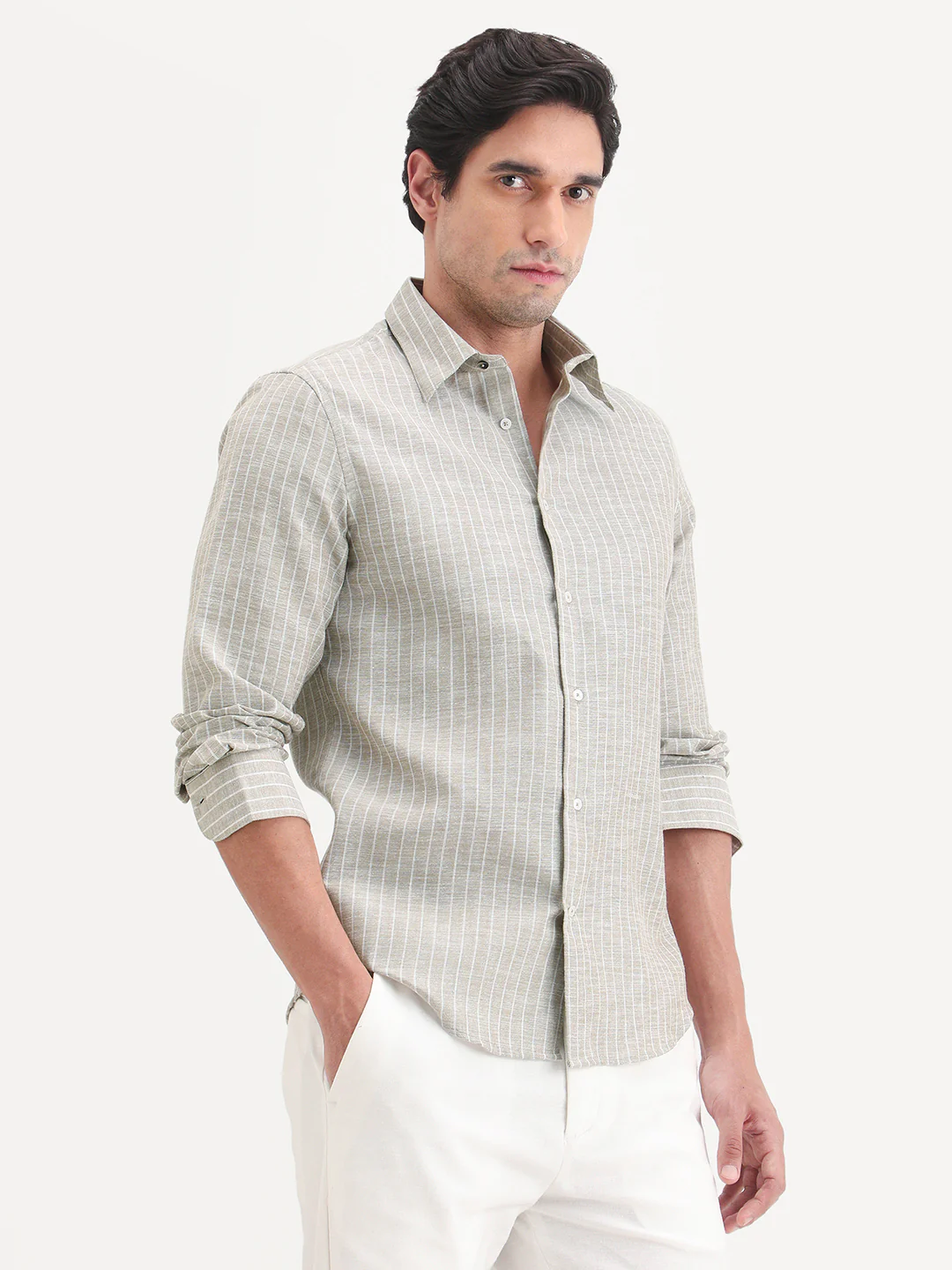 Rare Rabbit Men's Conwy Khaki Polyester Blend Fabric Spread Collar Regular Fit Striped Shirt - Image 4