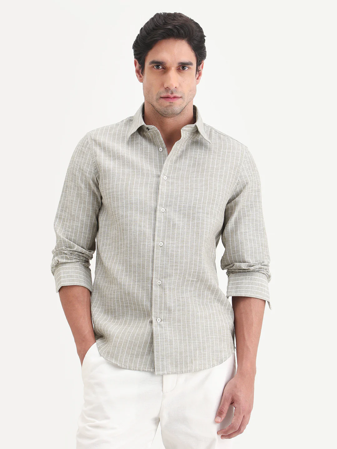 Rare Rabbit Men's Conwy Khaki Polyester Blend Fabric Spread Collar Regular Fit Striped Shirt - Image 5