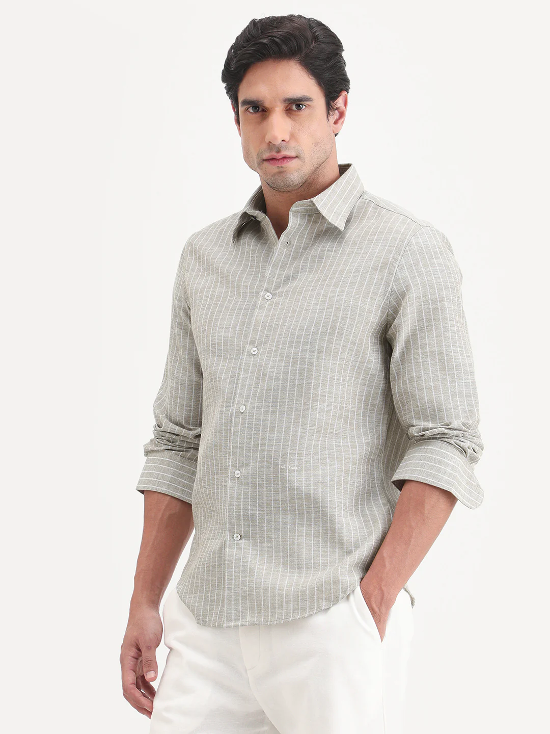 Rare Rabbit Men's Conwy Khaki Polyester Blend Fabric Spread Collar Regular Fit Striped Shirt - Image 6