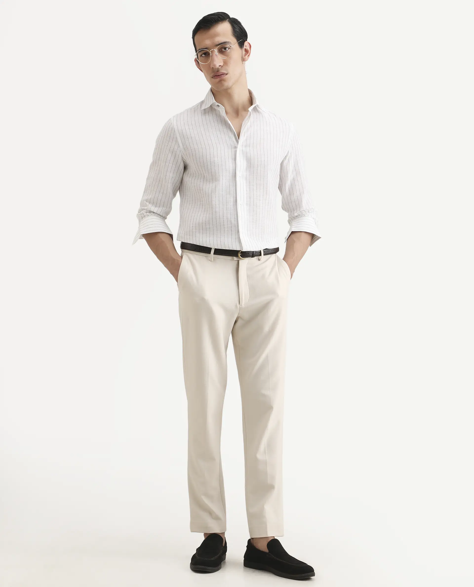 Rare Rabbit Men's Conwy Off White Polyester Blend Fabric Spread Collar Regular Fit Striped Shirt - Image 2