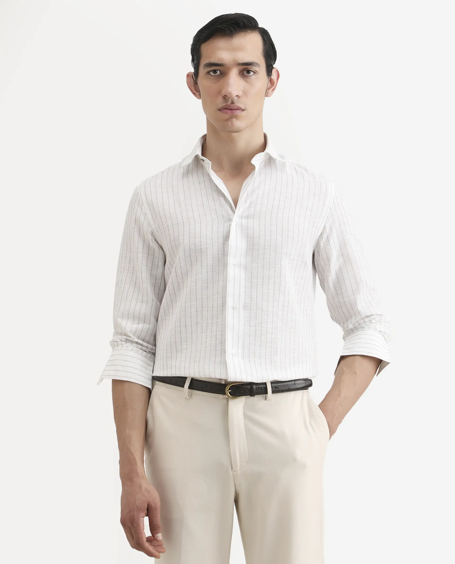 Rare Rabbit Men's Conwy Off White Polyester Blend Fabric Spread Collar Regular Fit Striped Shirt - Image 4