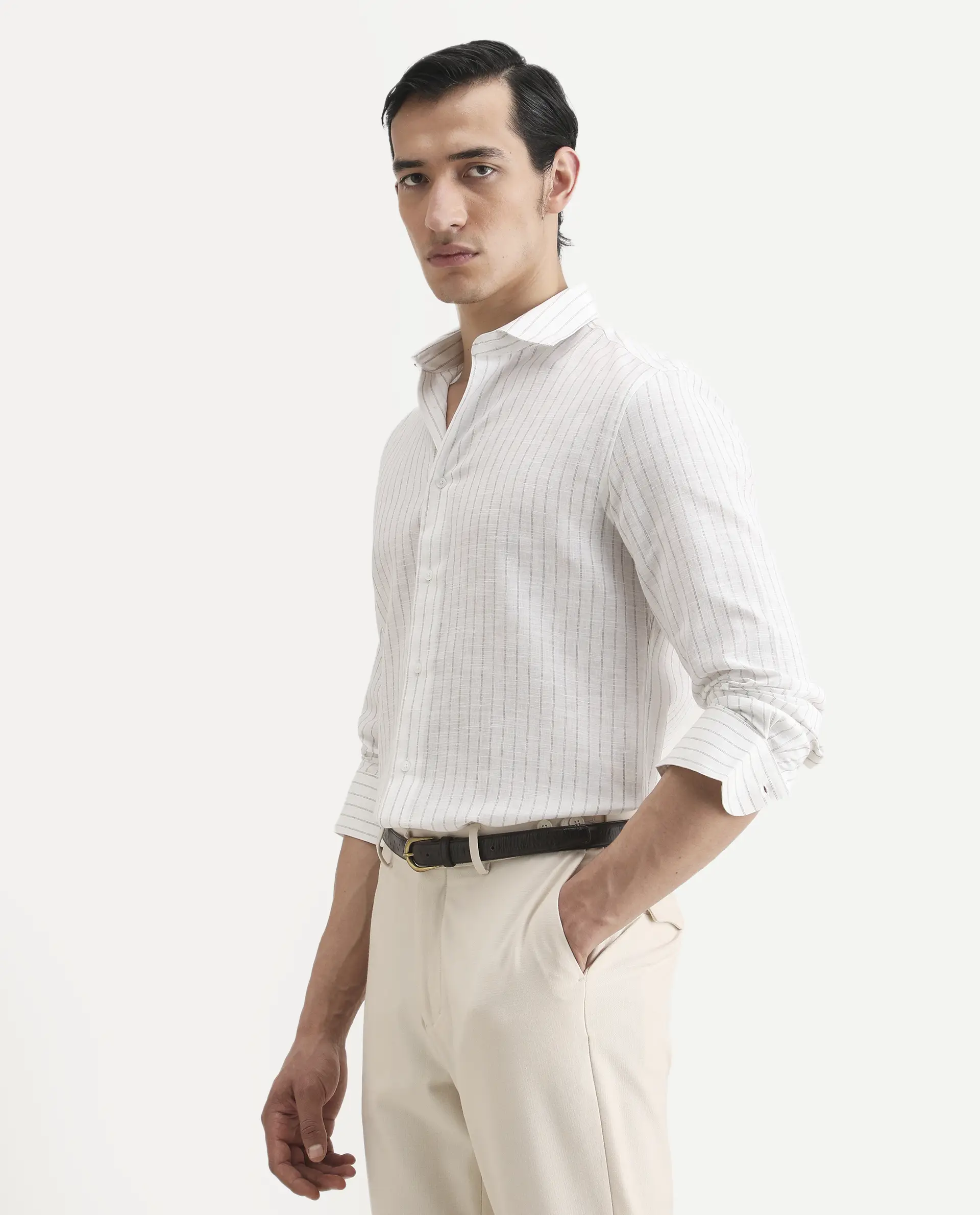 Rare Rabbit Men's Conwy Off White Polyester Blend Fabric Spread Collar Regular Fit Striped Shirt - Image 5