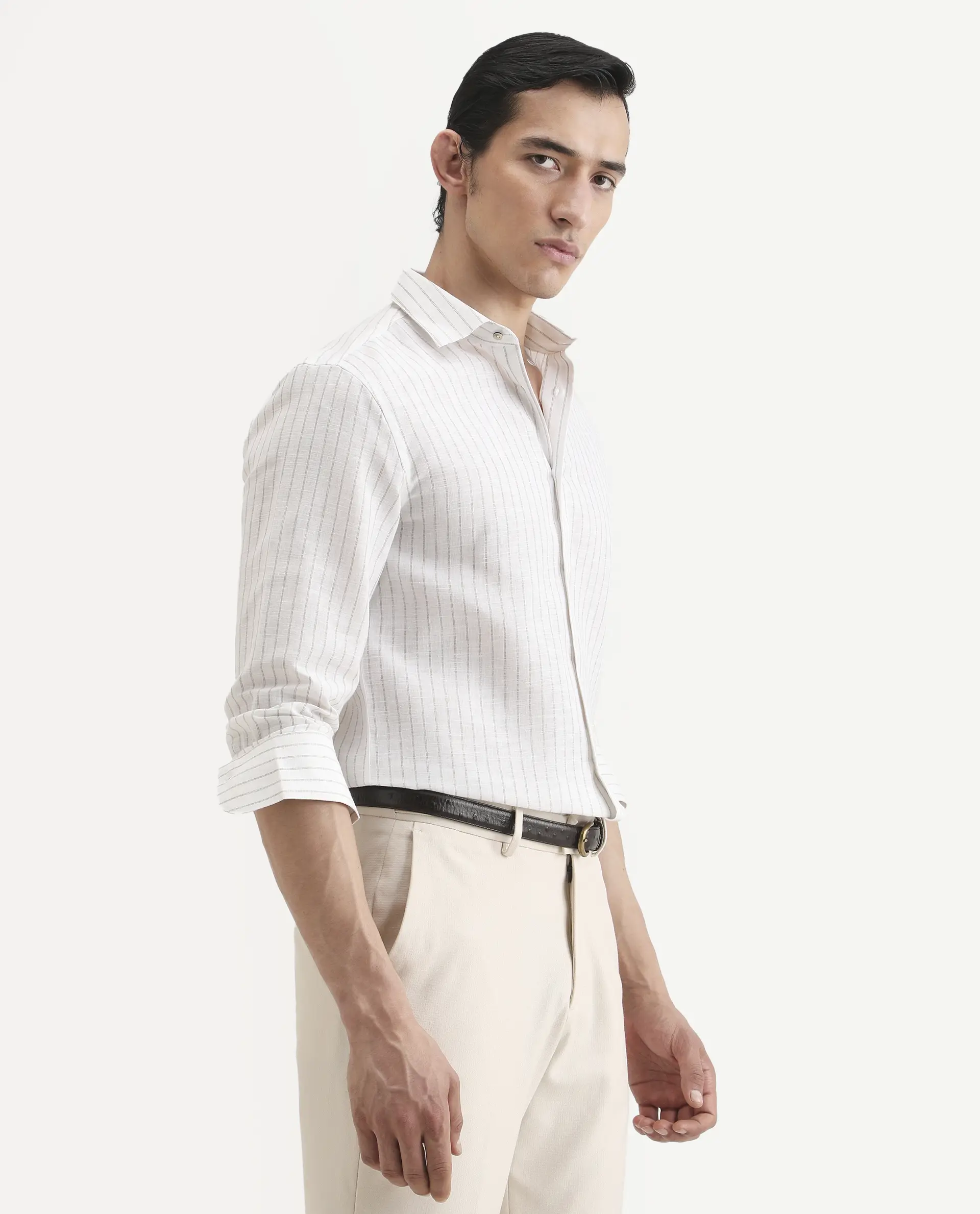 Rare Rabbit Men's Conwy Off White Polyester Blend Fabric Spread Collar Regular Fit Striped Shirt - Image 6