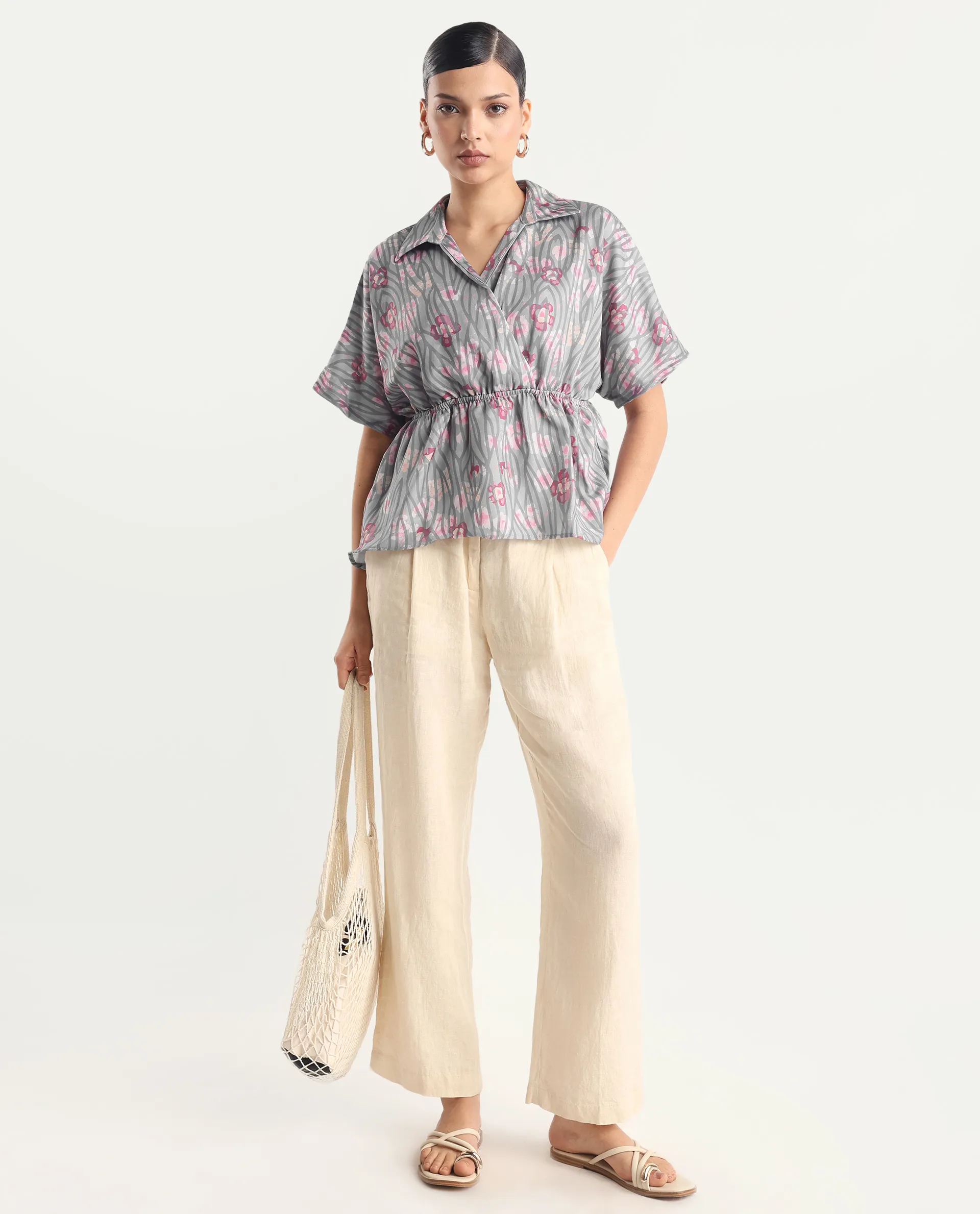 Rareism Women's Copa - Dusky Multi Satin Johnny Collar Floral Print Kimono Sleeve Regular Fit Top - Image 2
