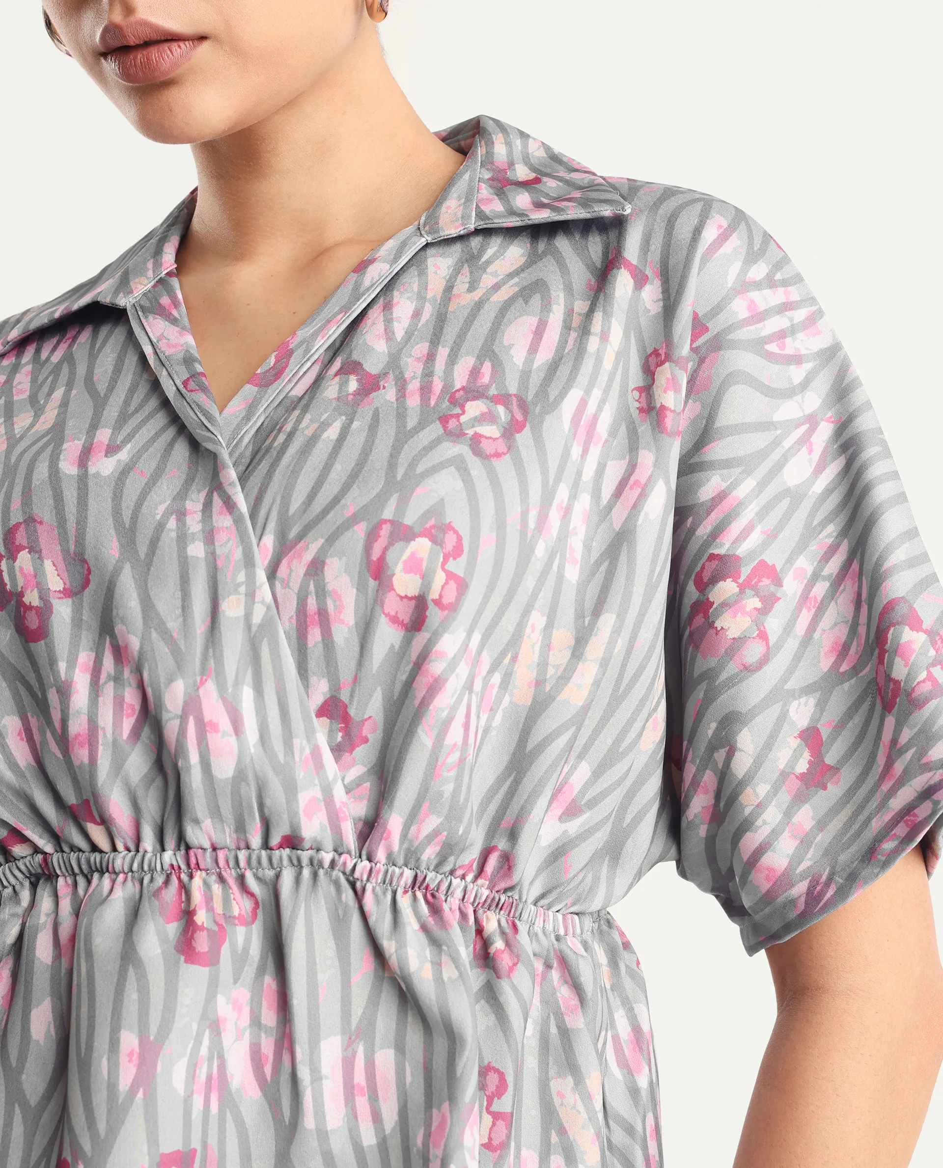 Rareism Women's Copa - Dusky Multi Satin Johnny Collar Floral Print Kimono Sleeve Regular Fit Top - Image 3