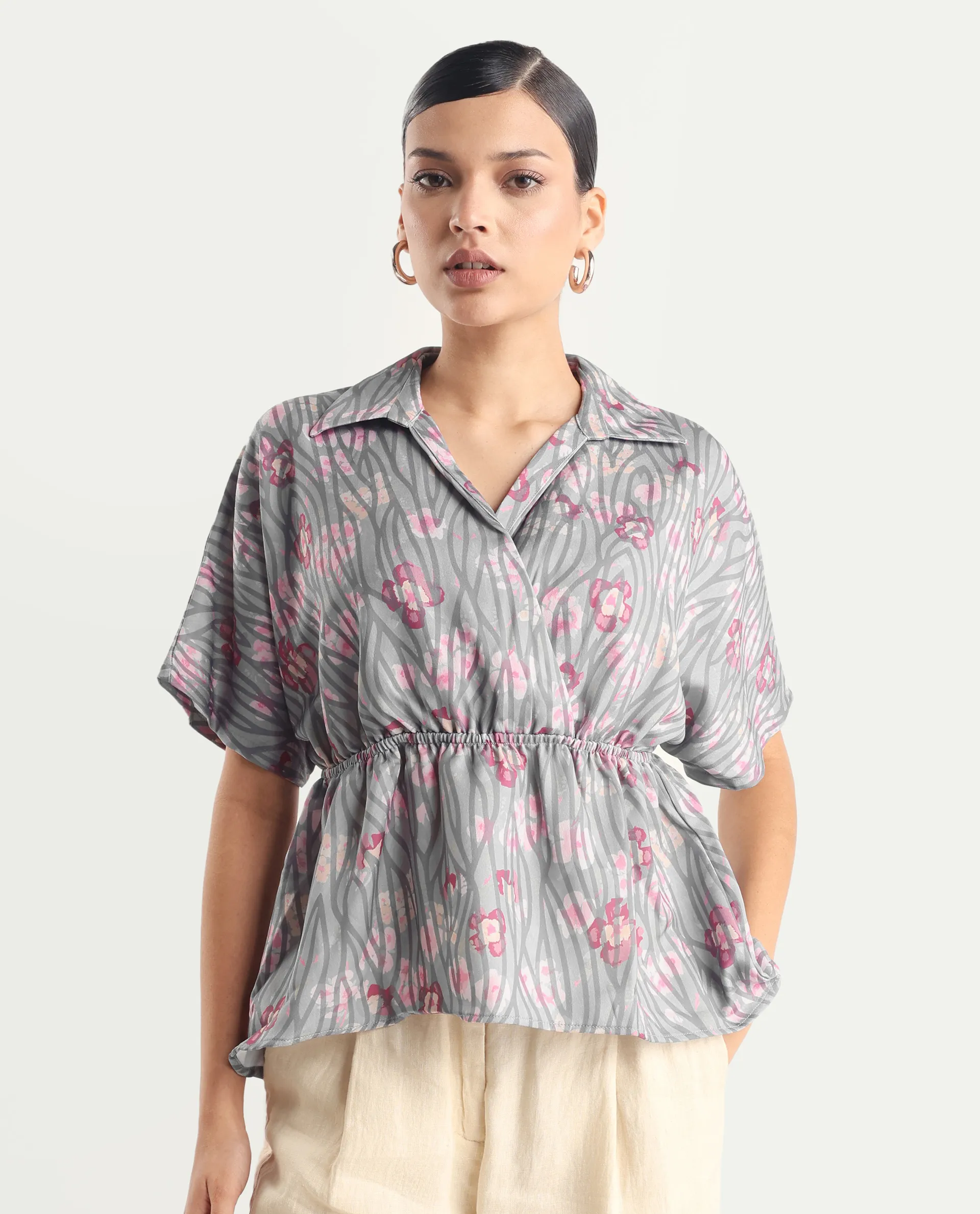 Rareism Women's Copa - Dusky Multi Satin Johnny Collar Floral Print Kimono Sleeve Regular Fit Top - Image 5