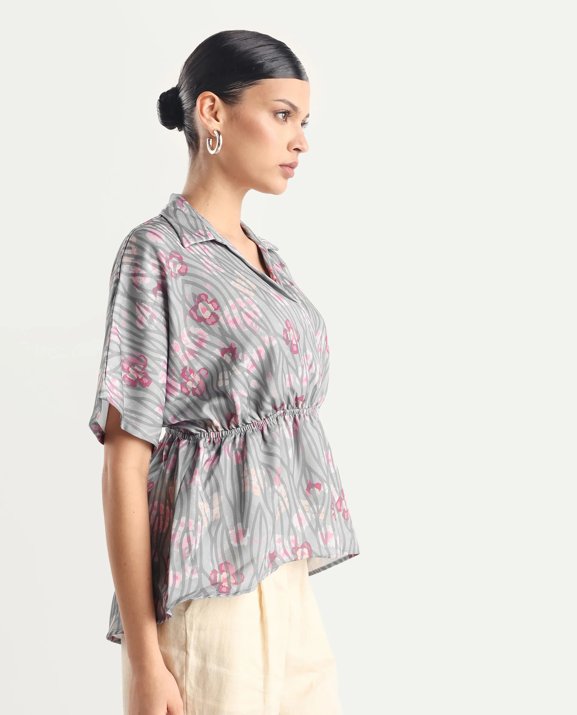 Rareism Women's Copa - Dusky Multi Satin Johnny Collar Floral Print Kimono Sleeve Regular Fit Top - Image 6