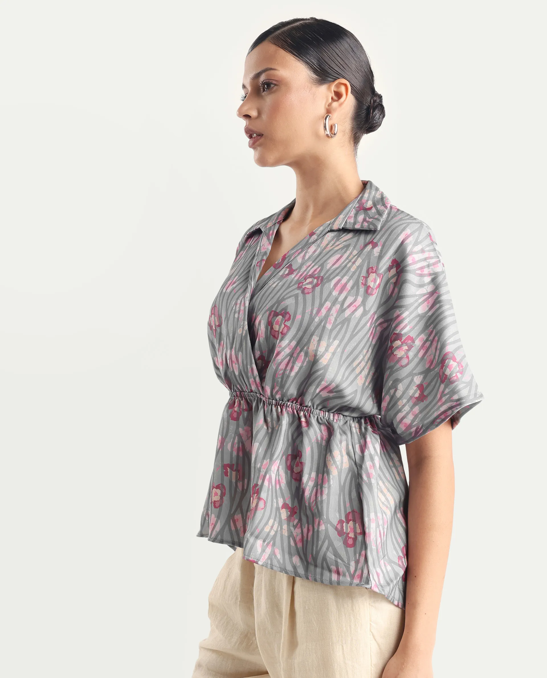 Rareism Women's Copa - Dusky Multi Satin Johnny Collar Floral Print Kimono Sleeve Regular Fit Top - Image 7