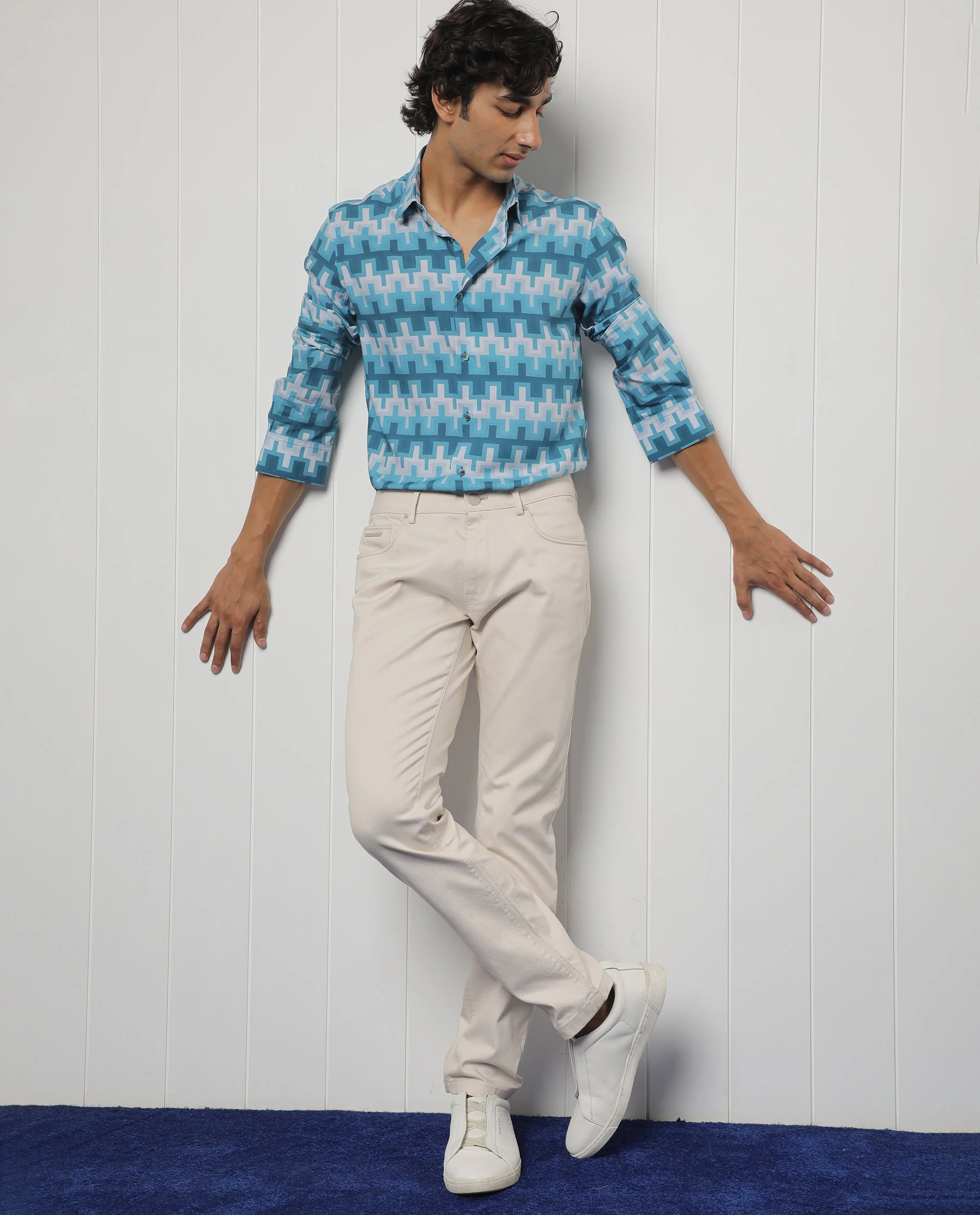 Rare Rabbit Men's Copat Blue Viscose Geometric Print Regular Fit Full Sleeve Collared Shirt - Image 2