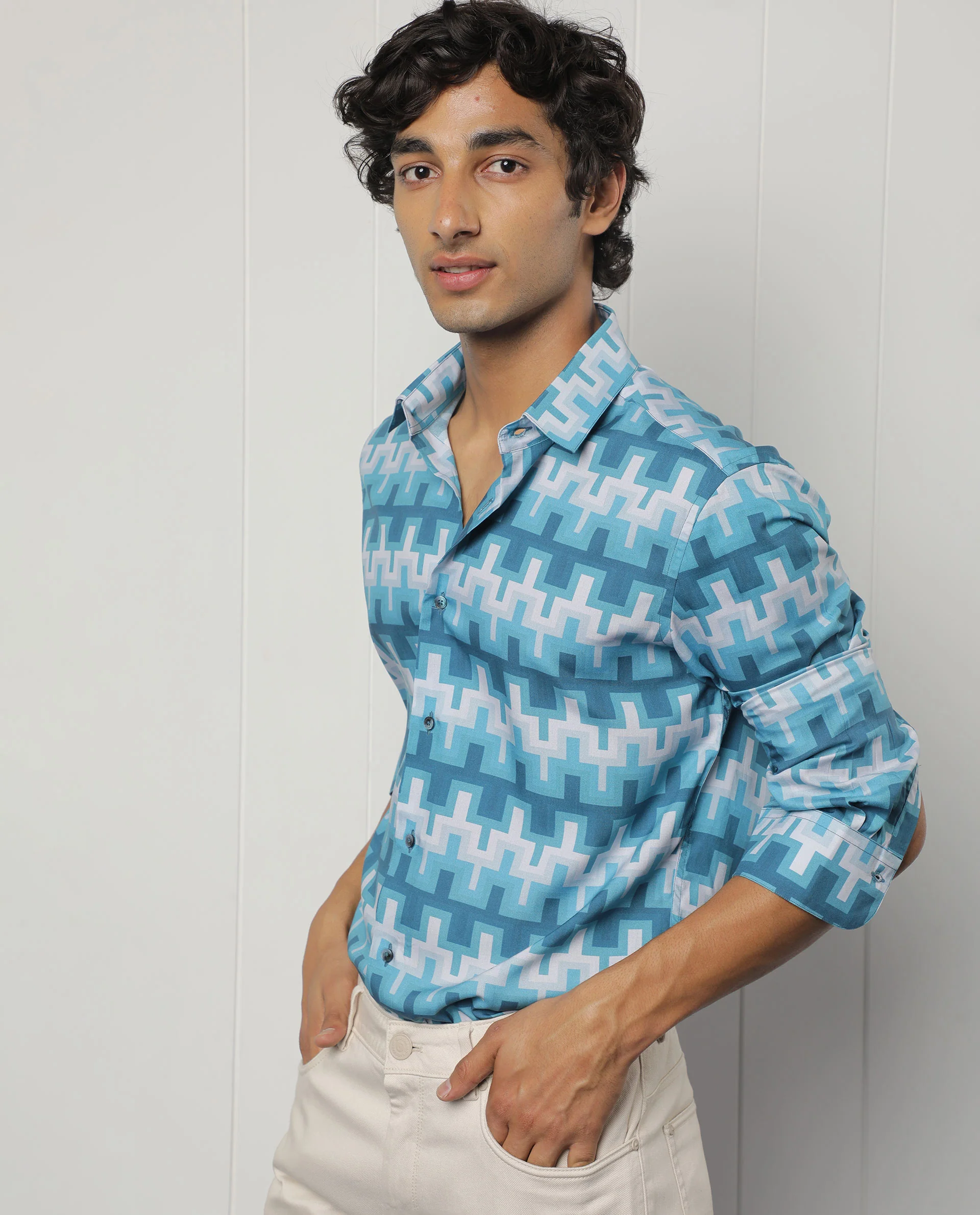 Rare Rabbit Men's Copat Blue Viscose Geometric Print Regular Fit Full Sleeve Collared Shirt - Image 3