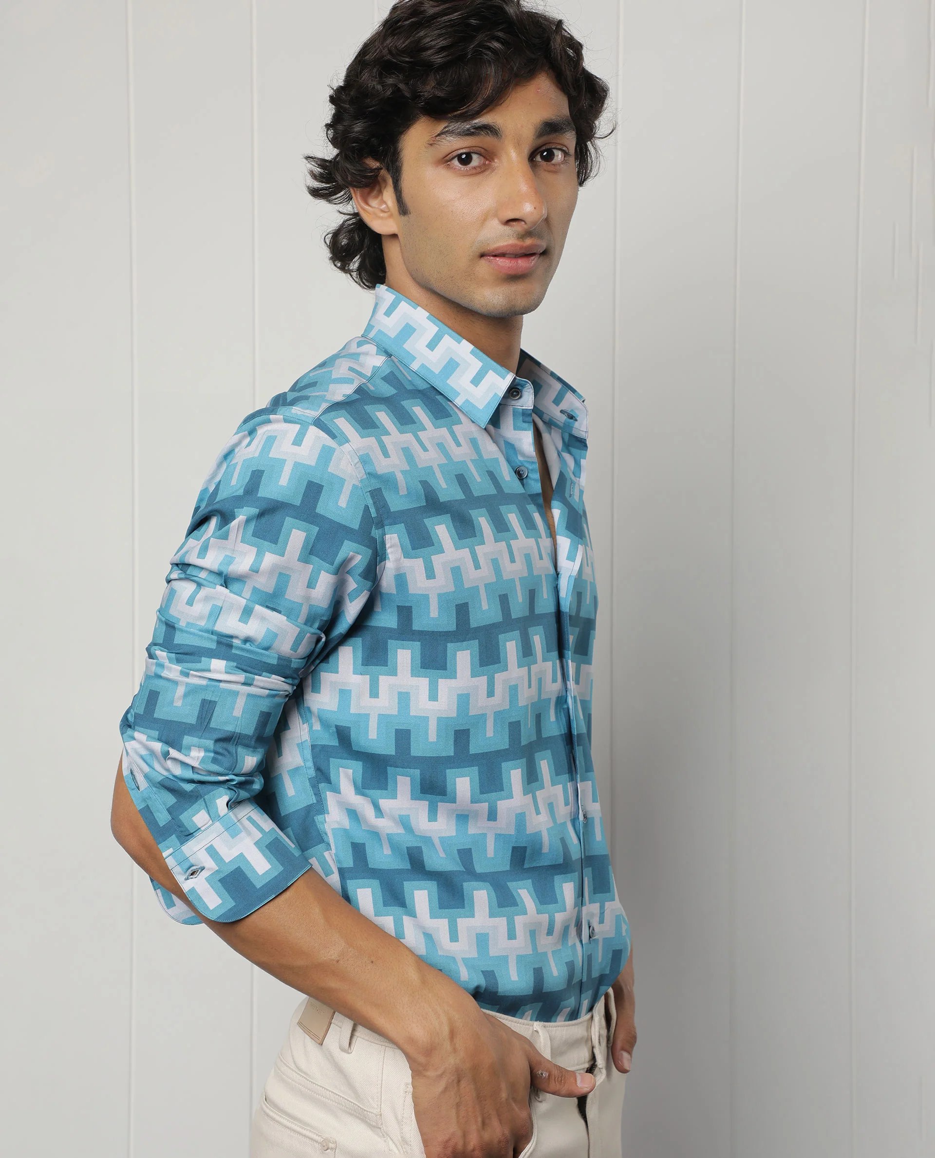 Rare Rabbit Men's Copat Blue Viscose Geometric Print Regular Fit Full Sleeve Collared Shirt - Image 4