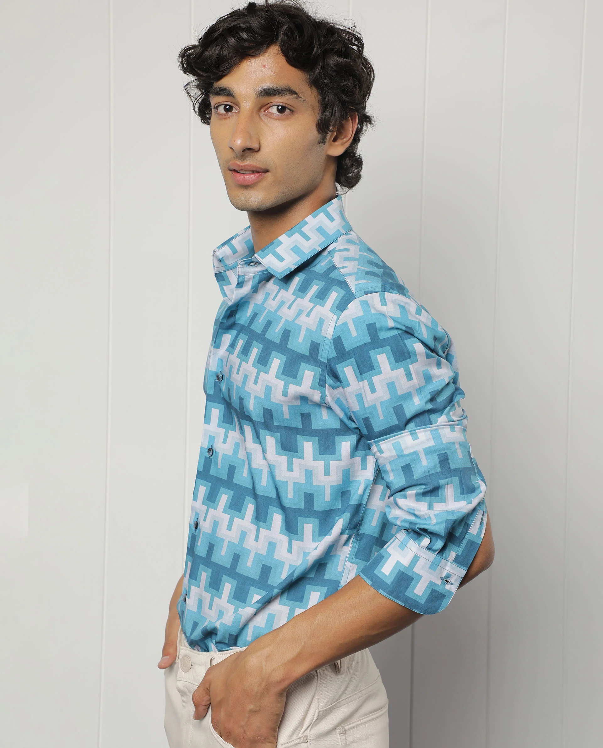 Rare Rabbit Men's Copat Blue Viscose Geometric Print Regular Fit Full Sleeve Collared Shirt - Image 6